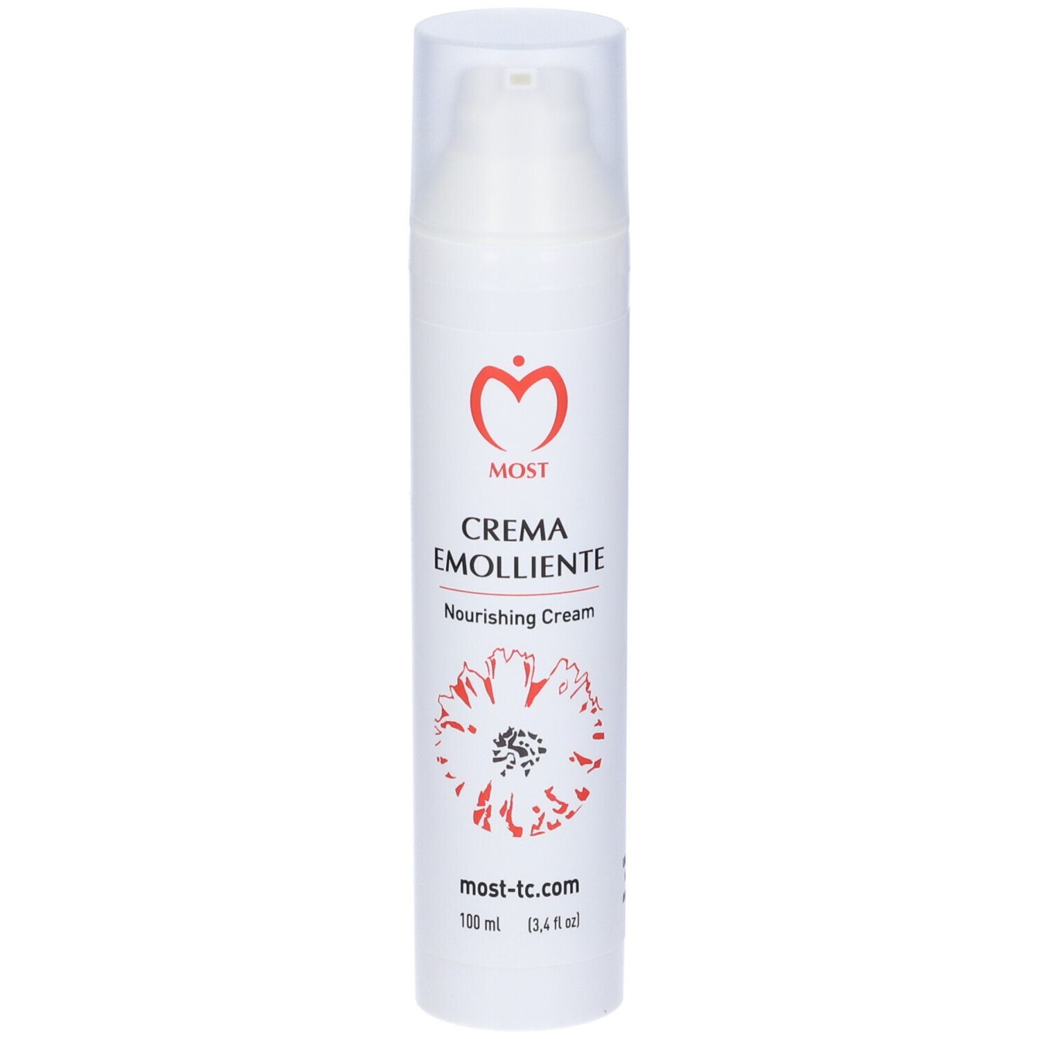 Tubo bianco con logo e testo rossi. Nome prodotto: Crema Emolliente. Indirizzo sito web: most-tc.com. Tappo trasparente.
