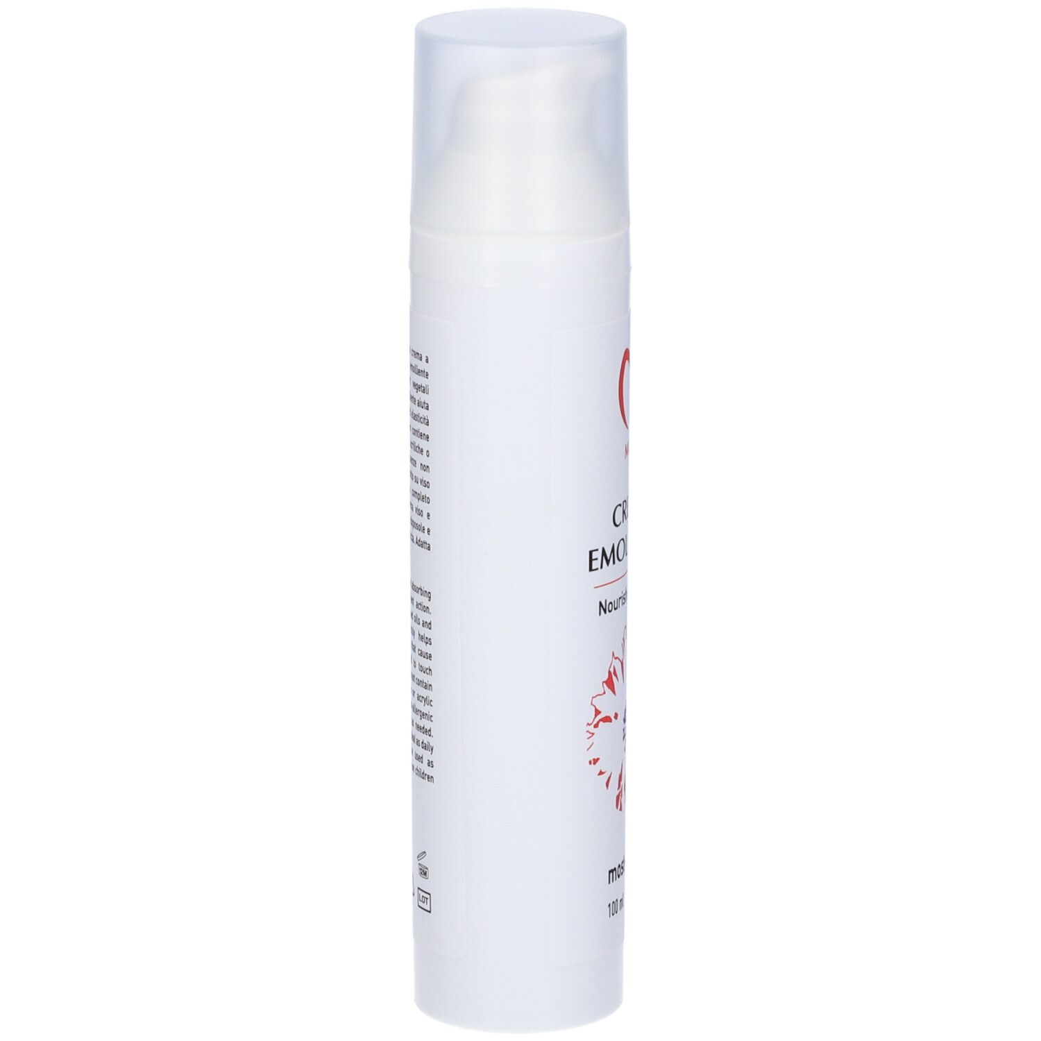 Tubo bianco con testo e logo rossi. Nome prodotto: Crema Emolliente. Indirizzo sito web: most-tc.com. Tappo trasparente.