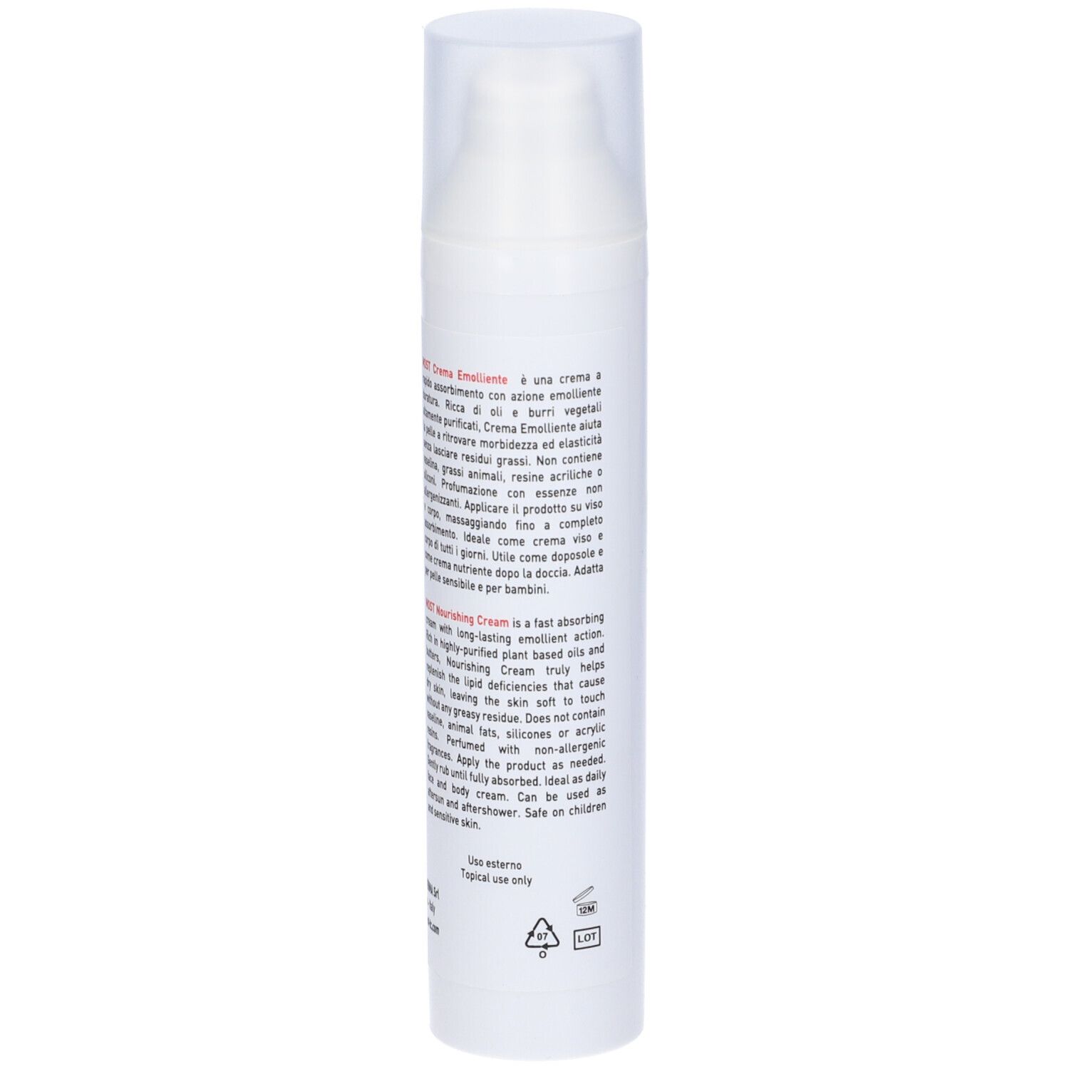 Tubo bianco con testo e logo rossi. Nome prodotto: Crema Emolliente. Indirizzo sito web: most-tc.com. Tappo trasparente.