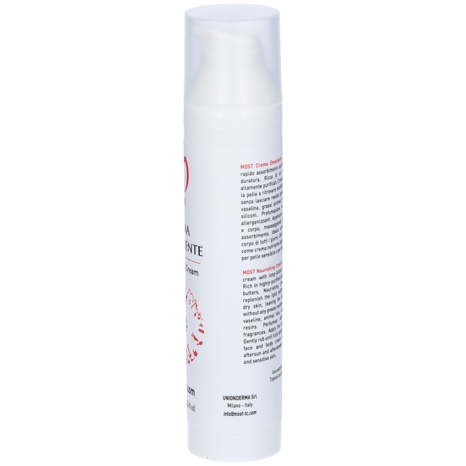 Tubo bianco con testo e logo rossi. Nome prodotto: Crema Emolliente. Indirizzo sito web: most-tc.com. Tappo trasparente.