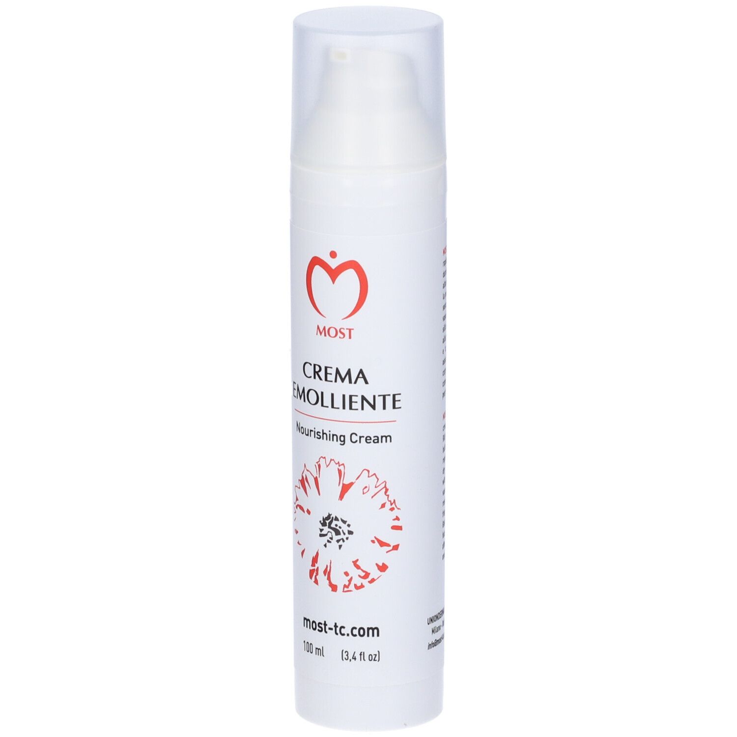 Tubo bianco con testo e logo rossi. Nome prodotto: Crema Emolliente. Indirizzo sito web: most-tc.com. Tappo trasparente.