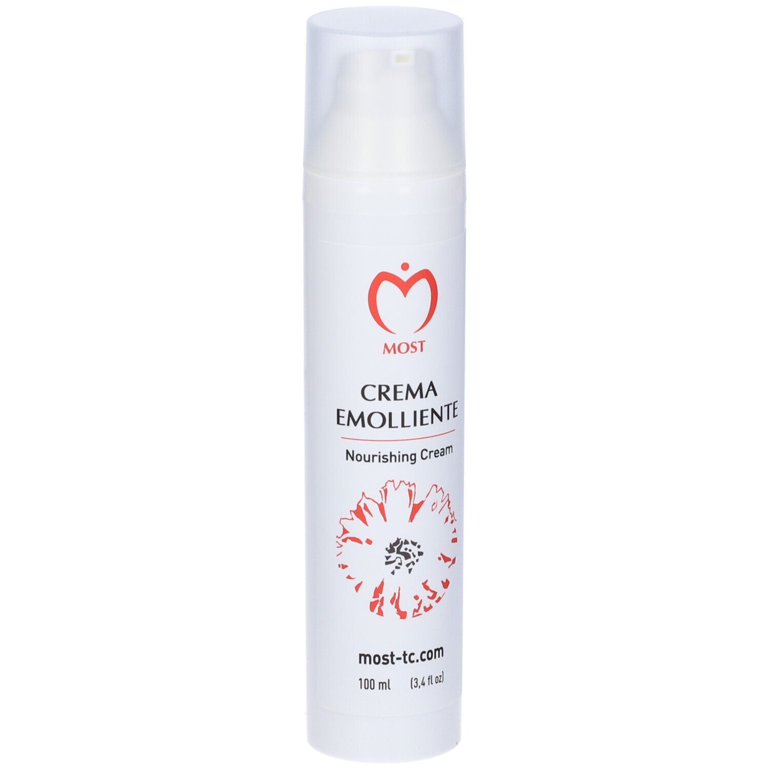 Tubo bianco con testo e logo rossi. Nome prodotto: Crema Emolliente. Indirizzo sito web: most-tc.com. Tappo trasparente.