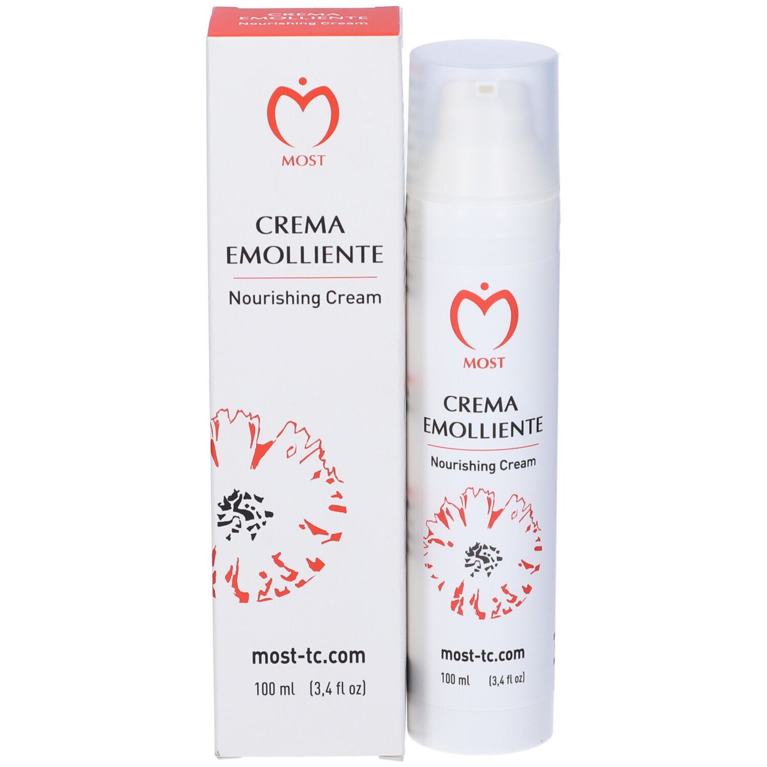 Tubo e scatola bianchi con logo e testo rossi. Nome prodotto: Crema Emolliente. Indirizzo sito web: most-tc.com.