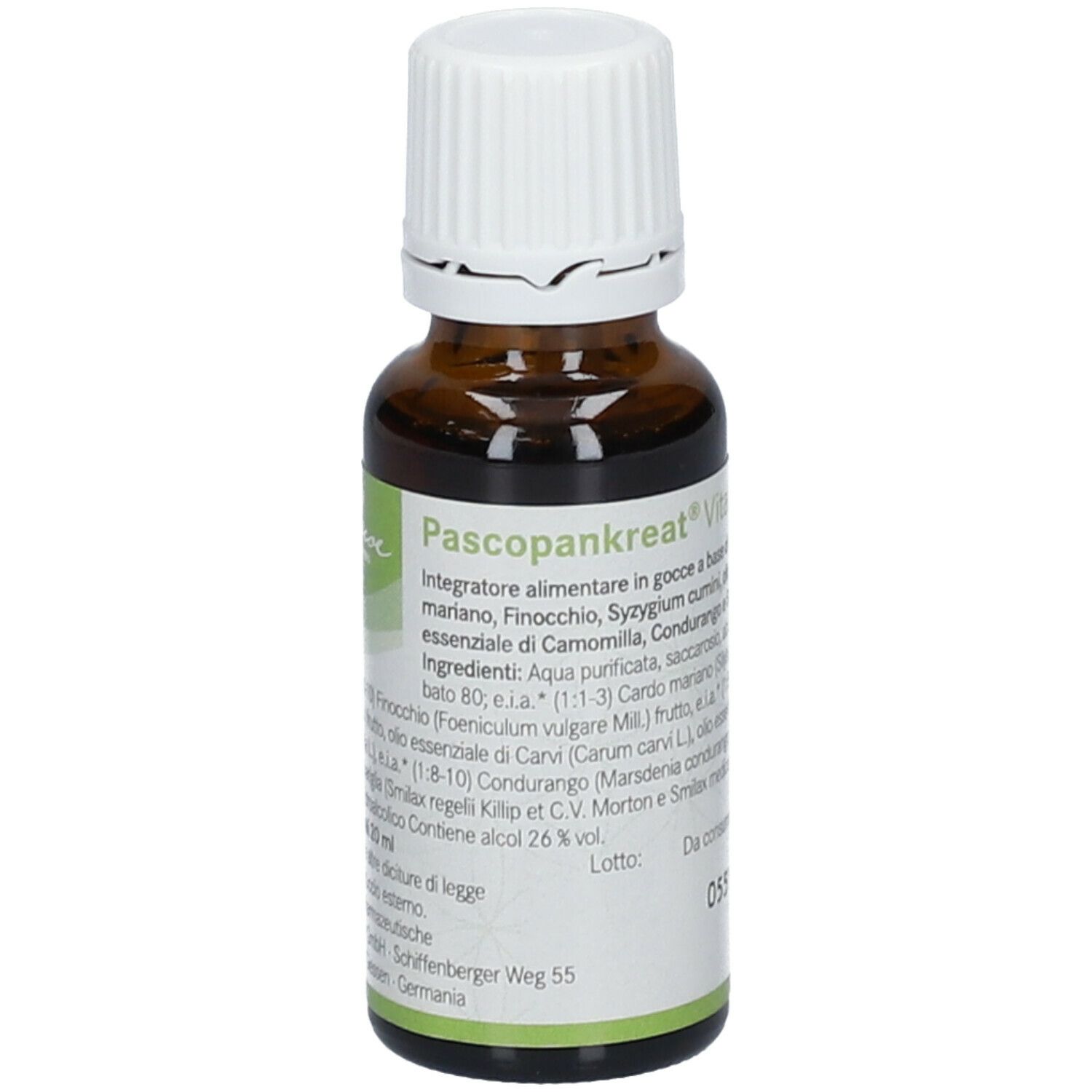 Flacone di vetro marrone con tappo bianco. Etichetta con nome Pascopankreat Vital e ingredienti. Flacone contagocce.