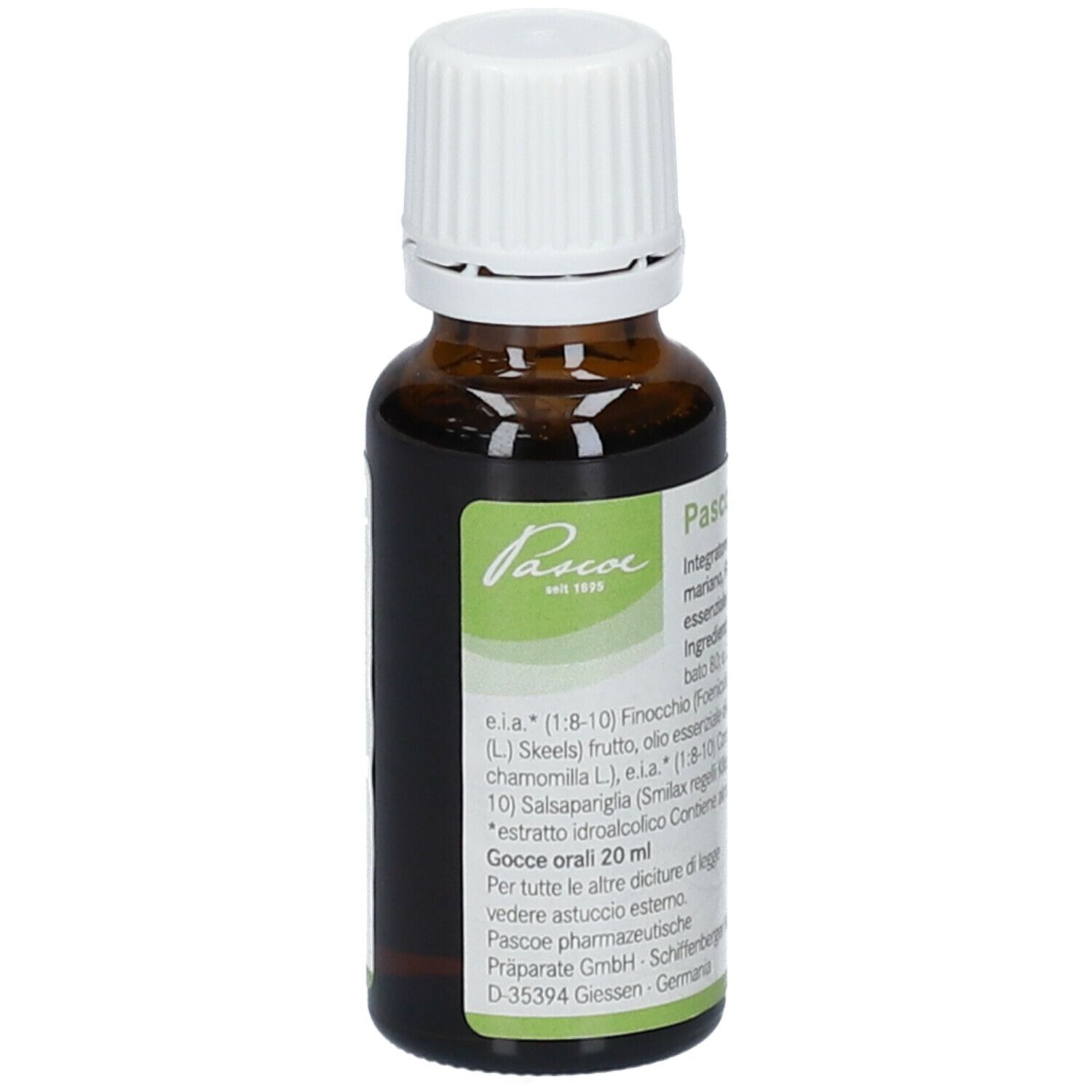 Flacone di vetro marrone con tappo bianco. Etichetta con nome Pascopankreat Vital e ingredienti. Flacone contagocce.