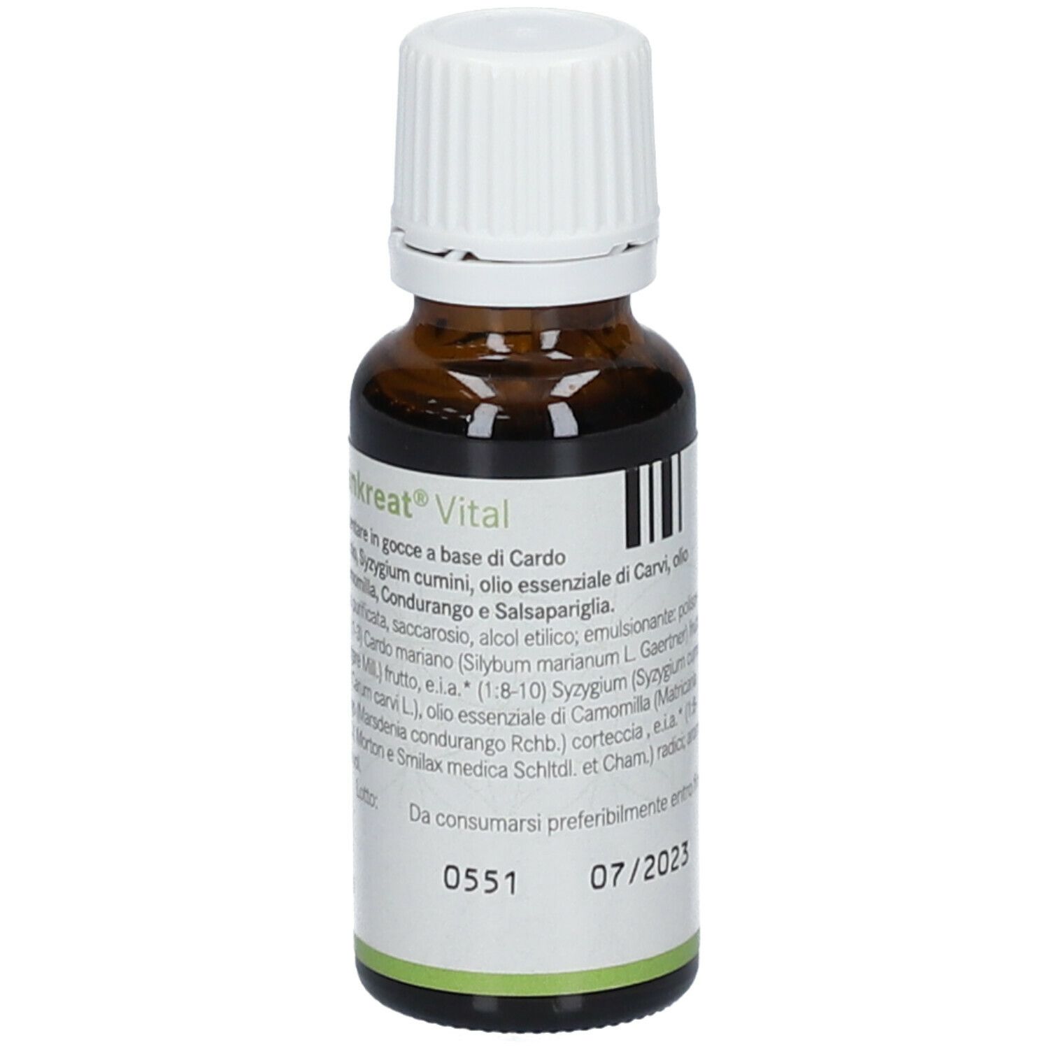 Flacone di vetro marrone con tappo bianco. Etichetta con nome Pascopankreat Vital e ingredienti. Flacone contagocce.