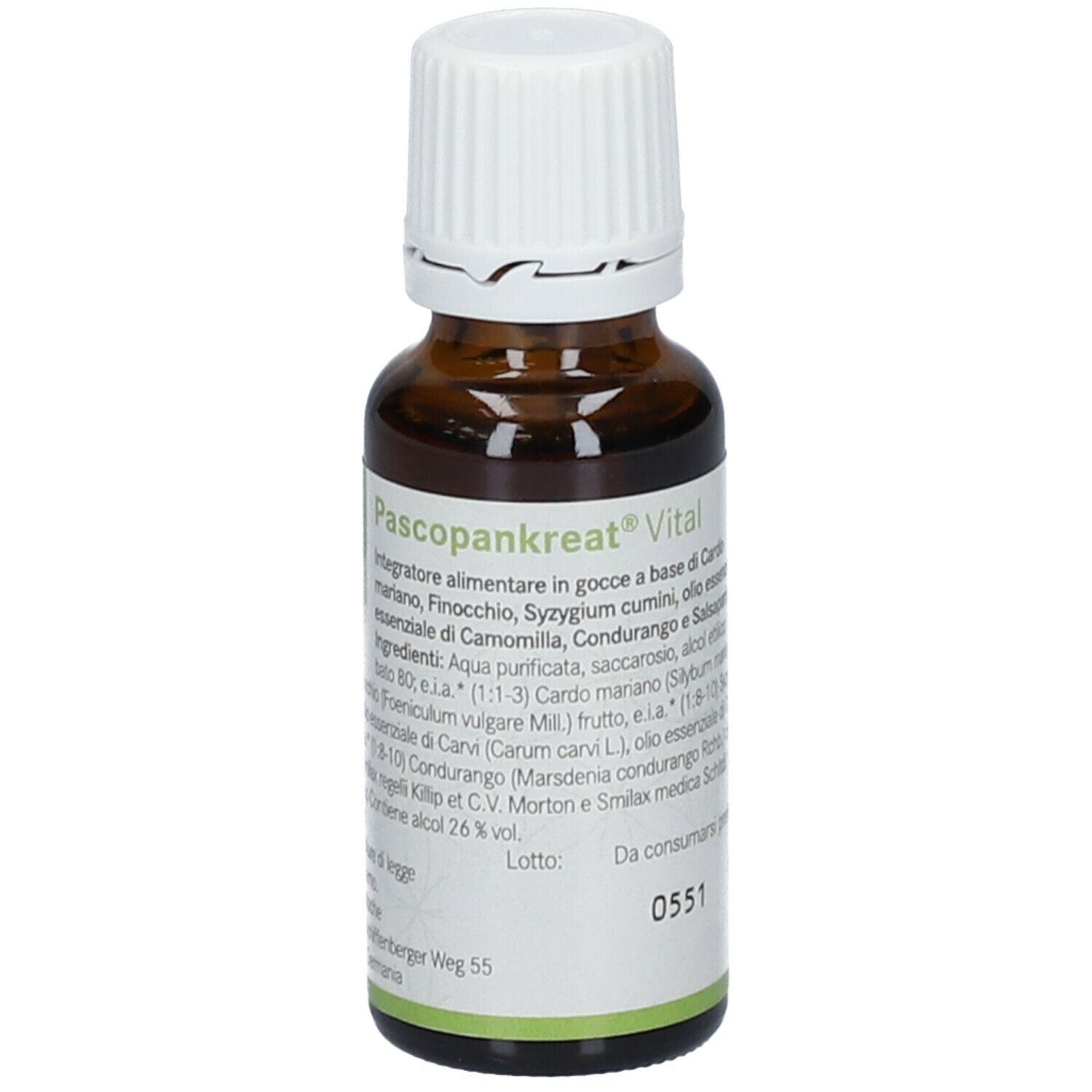 Flacone di vetro marrone con tappo bianco. Etichetta con nome Pascopankreat Vital e ingredienti. Flacone contagocce.