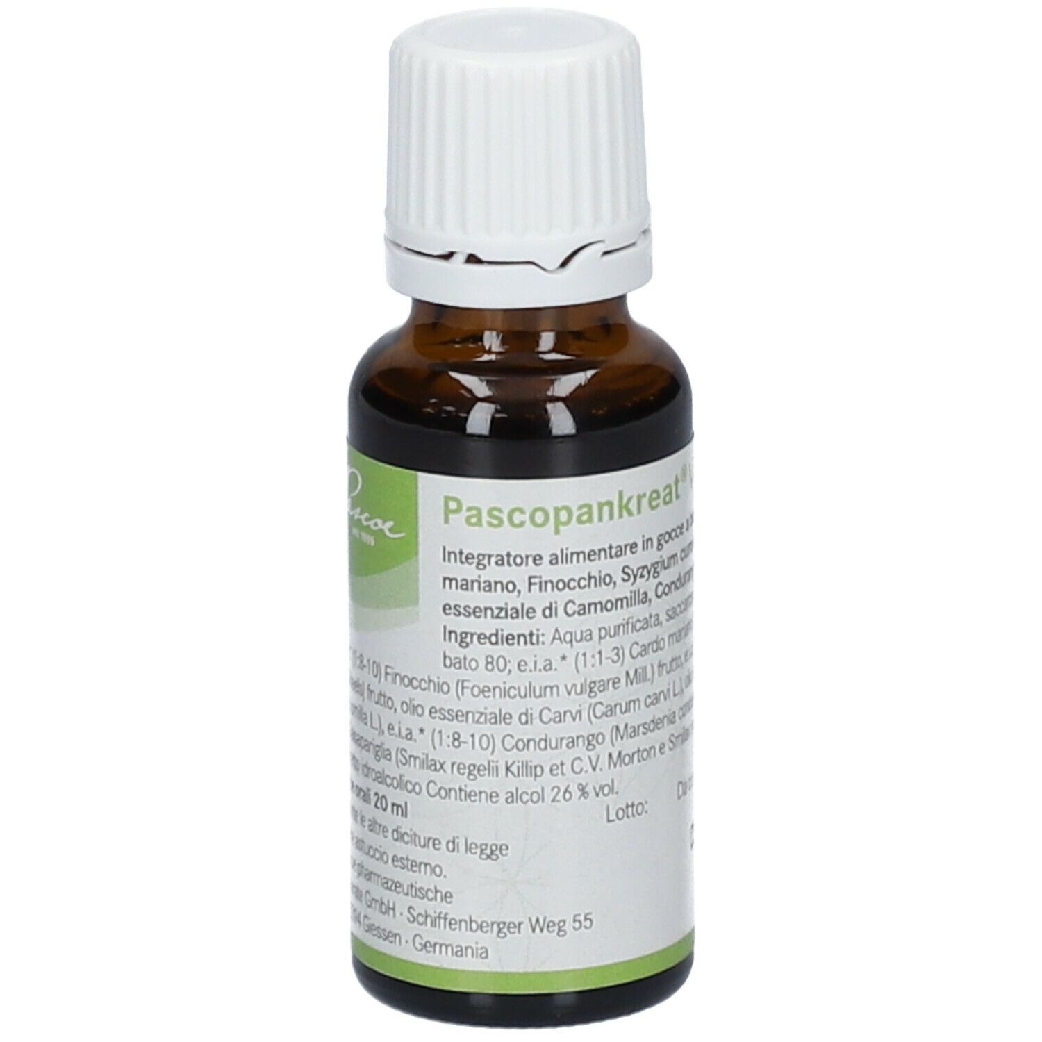 Flacone di vetro marrone con tappo bianco. Etichetta con nome Pascopankreat Vital e ingredienti. Flacone contagocce.