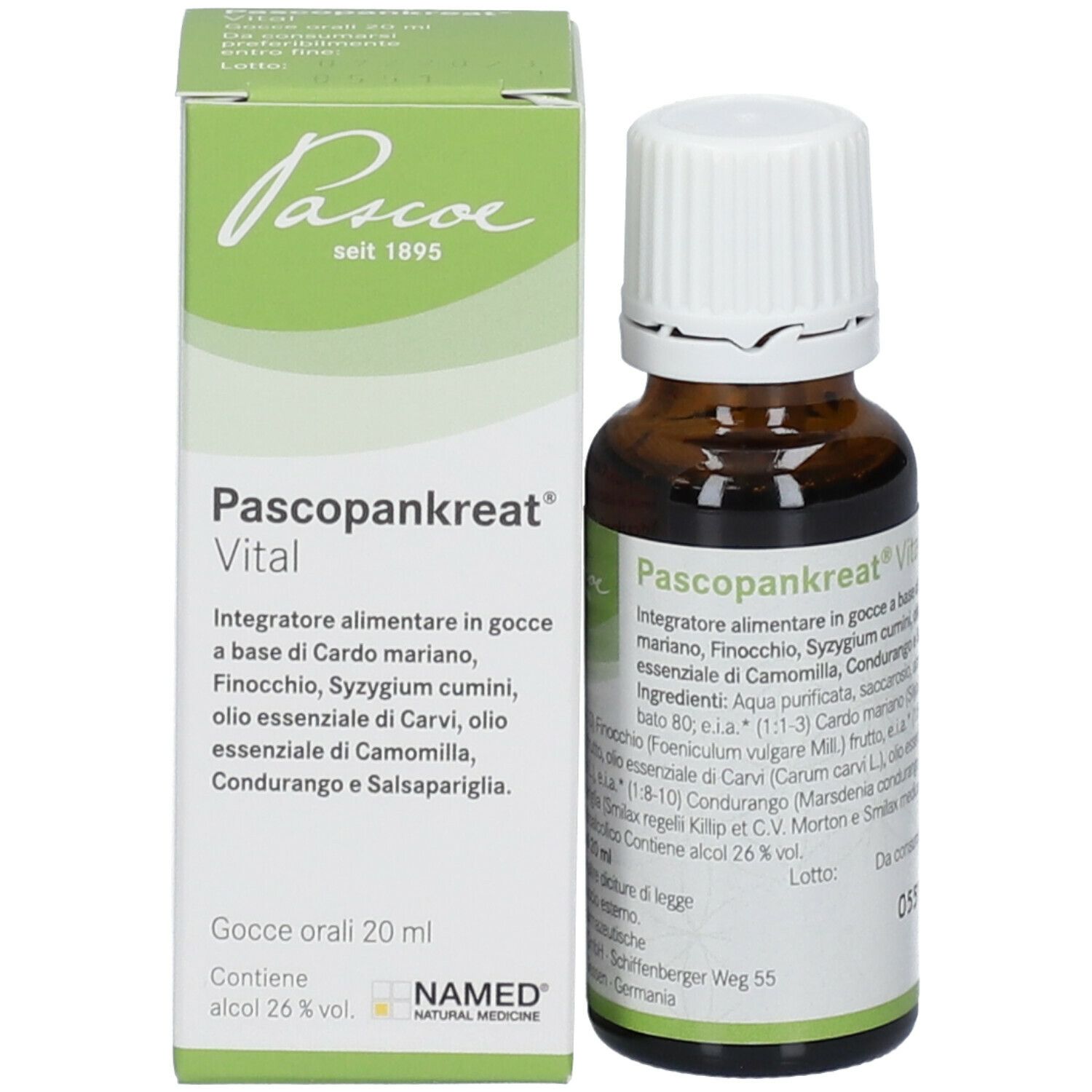 Flacone di vetro marrone e scatola. Pascopankreat Vital, gocce. Scatola con nome e ingredienti. Flacone accanto.