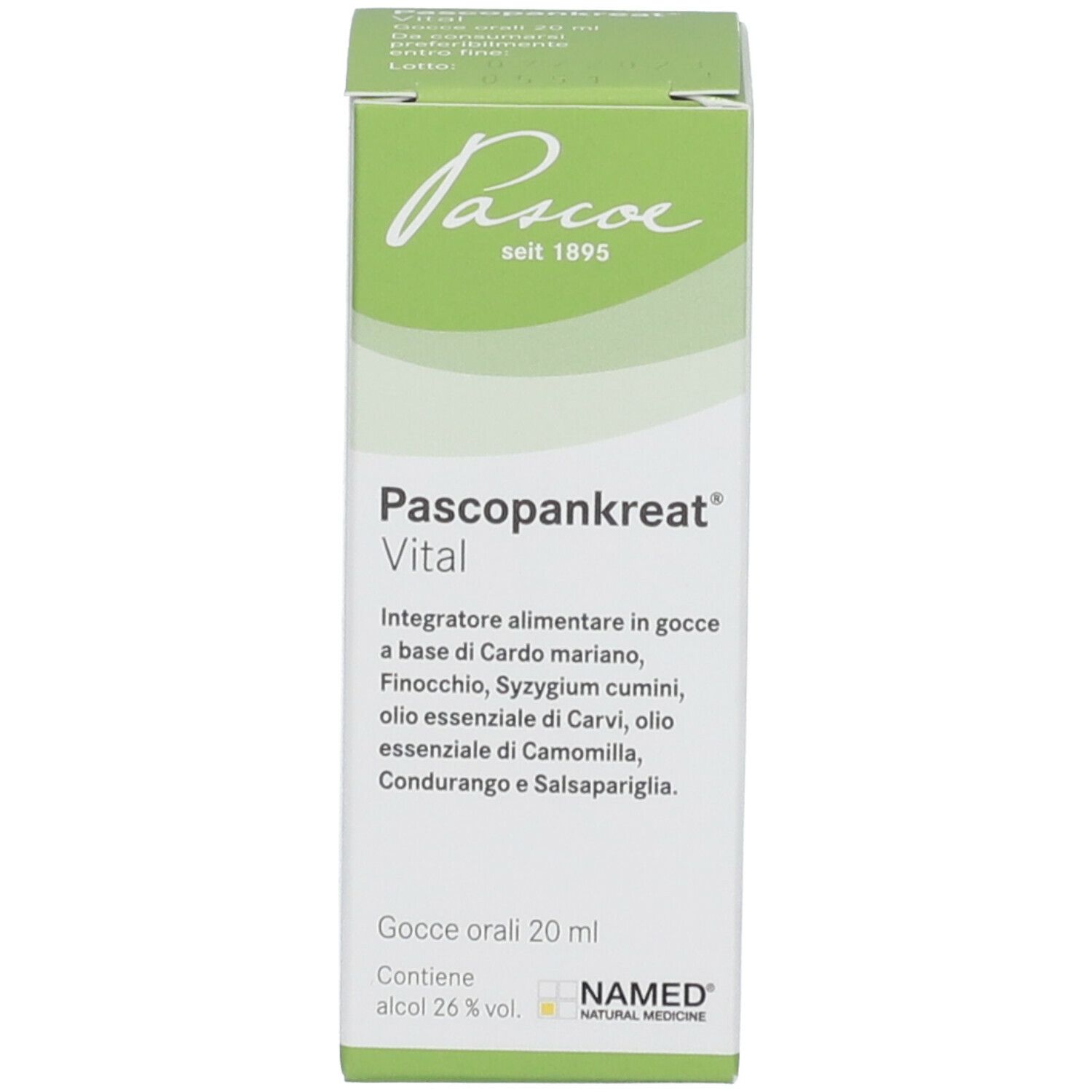 Scatola con nome Pascopankreat Vital. Contiene gocce. Nome, ingredienti e logo sulla confezione.