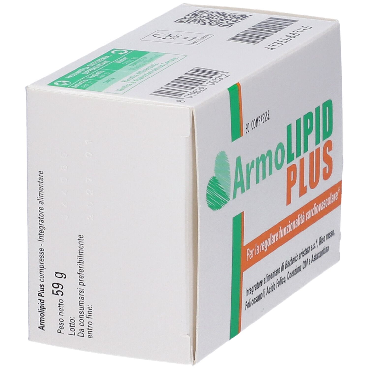 Boîte ArmoLIPID PLUS en biais. Inscription : 60 comprimés. Logo vert et orange.