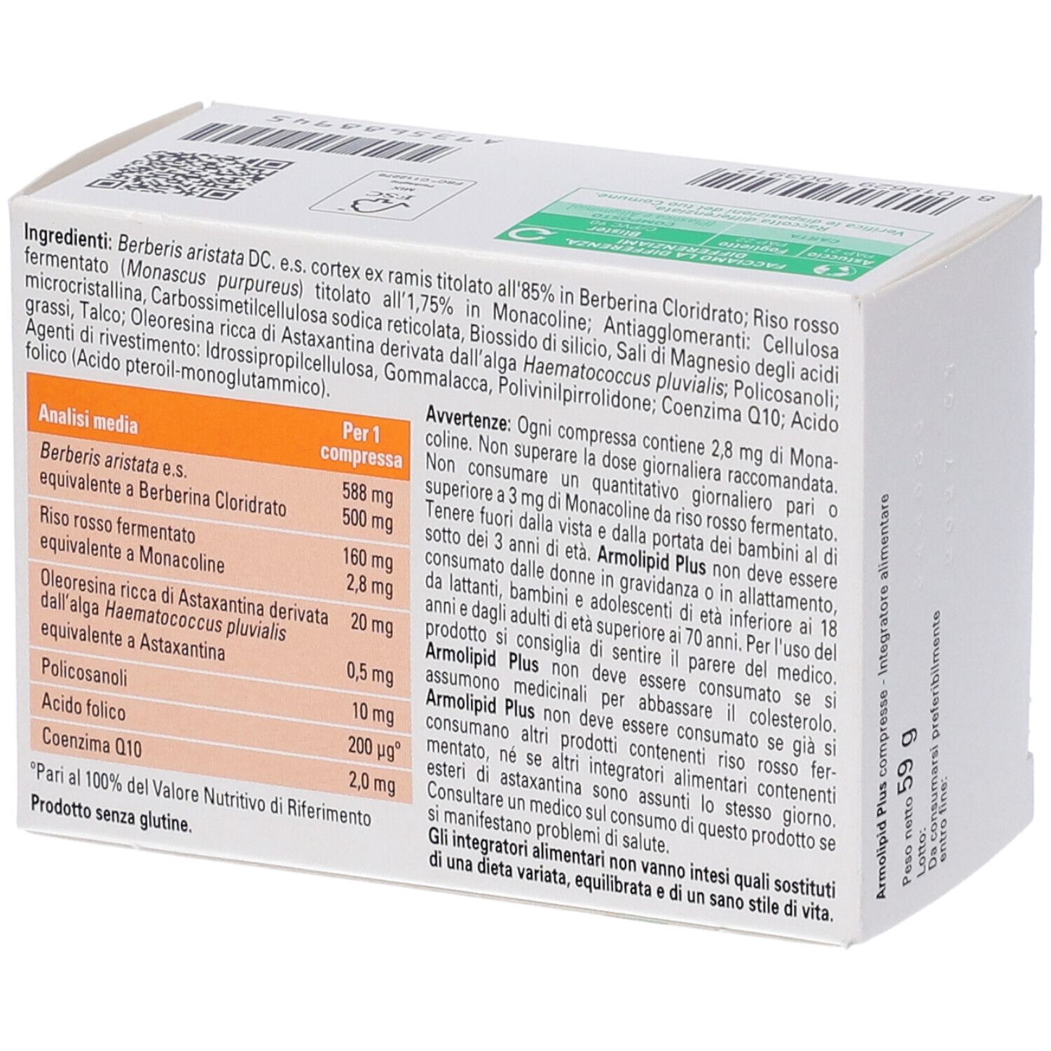Boîte ArmoLIPID PLUS, dos avec informations. Texte en italien.