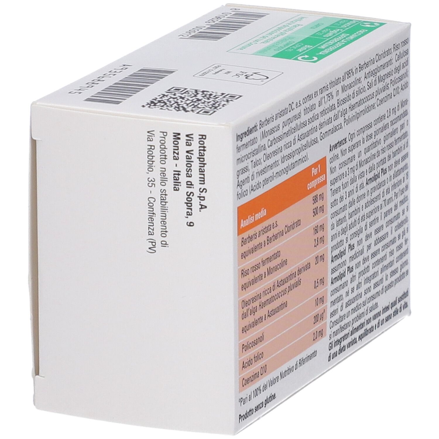 Boîte ArmoLIPID PLUS, vue latérale avec informations. Texte en italien.
