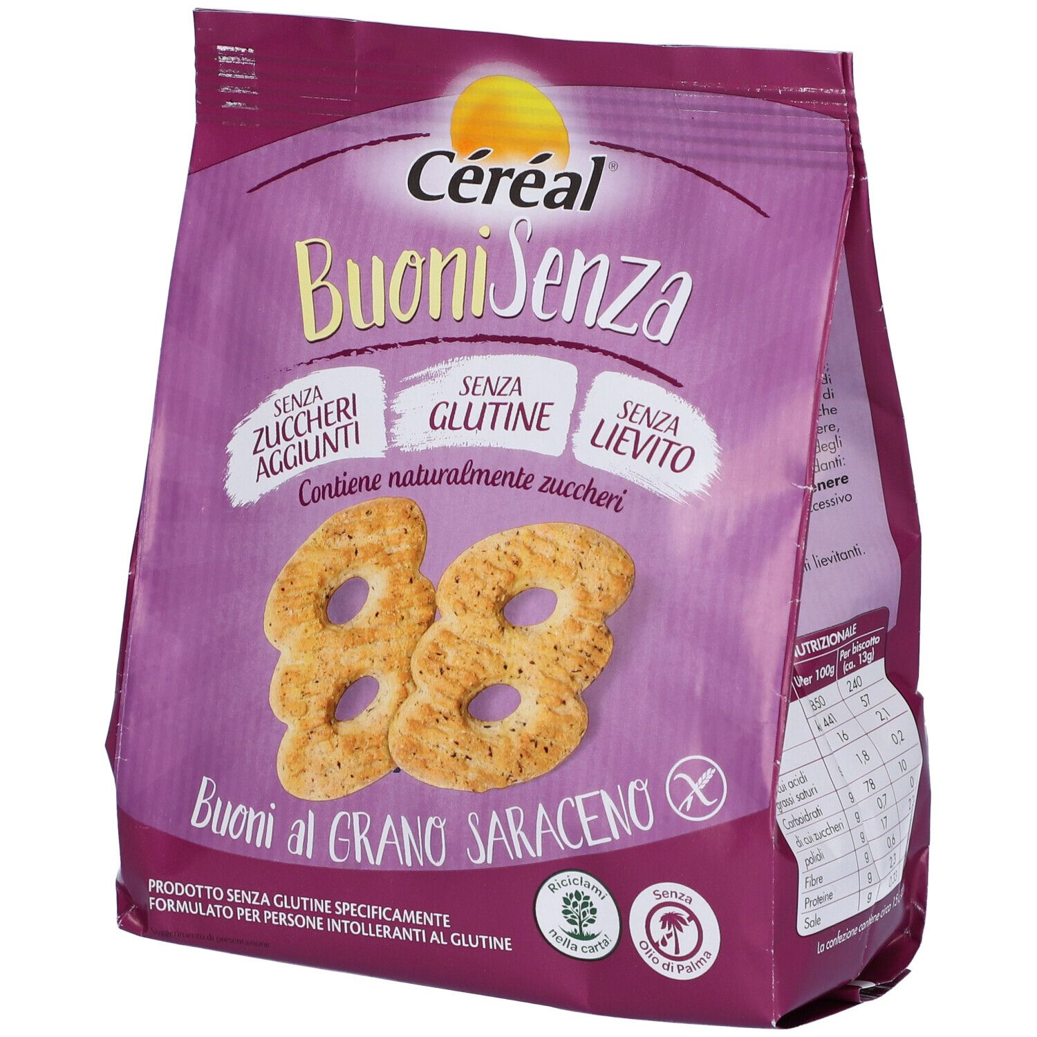 Confezione di Céréal BuoniSenza. Scritta: Buoni al Grano Saraceno, senza zuccheri aggiunti, senza glutine, senza lievito. Due biscotti visibili.
