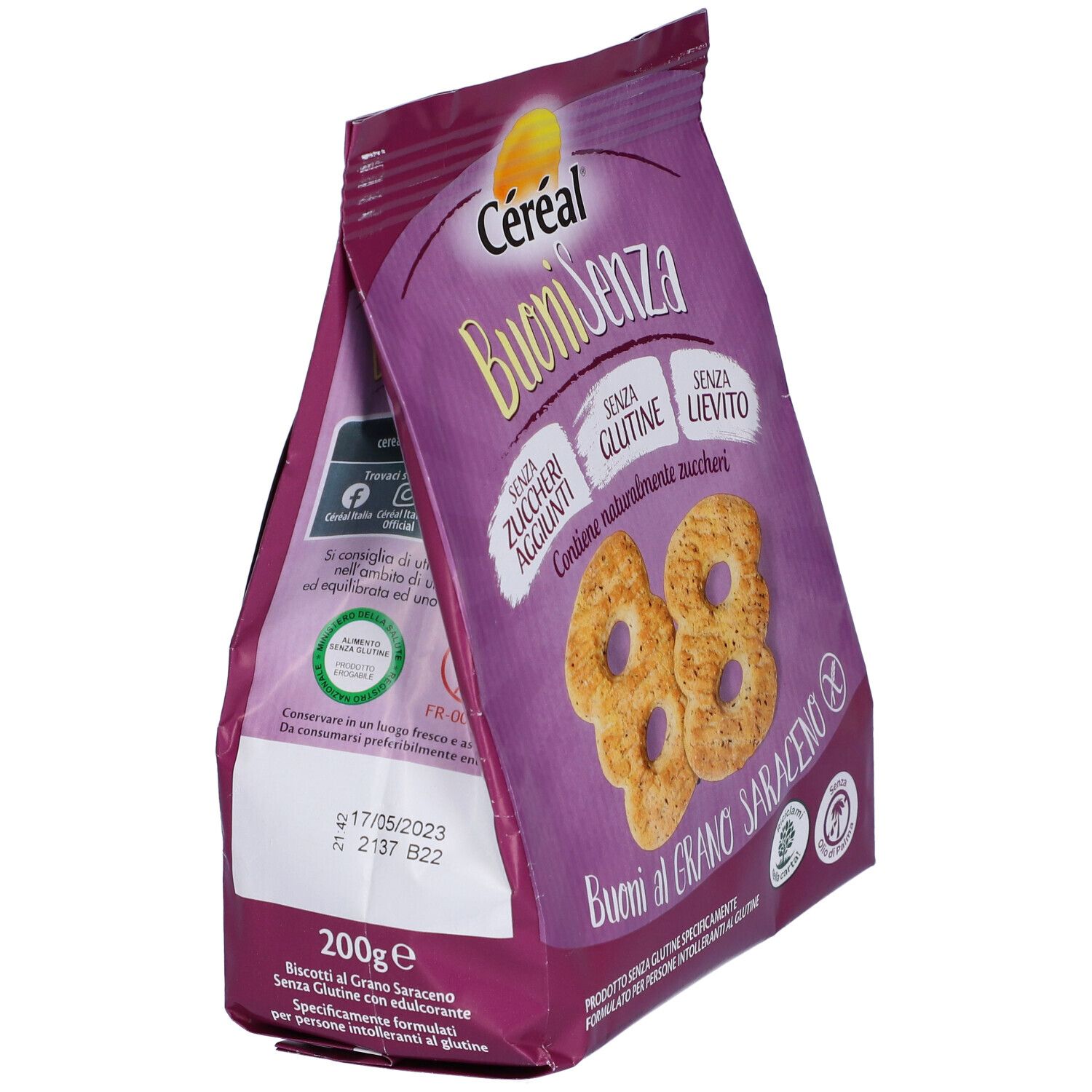 Confezione aperta di Céréal BuoniSenza. Scritta: Buoni al Grano Saraceno, senza zuccheri aggiunti, senza glutine, senza lievito. 200g.