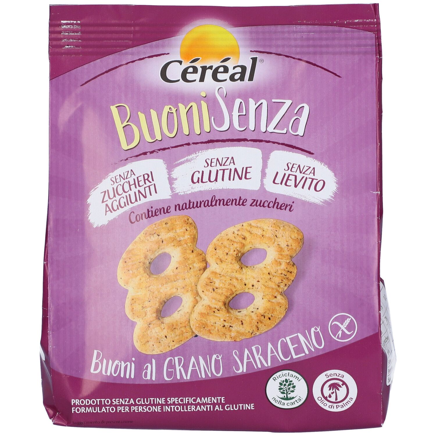 Confezione di Céréal BuoniSenza. Scritta: Buoni al Grano Saraceno, senza zuccheri aggiunti, senza glutine, senza lievito. Due biscotti visibili.