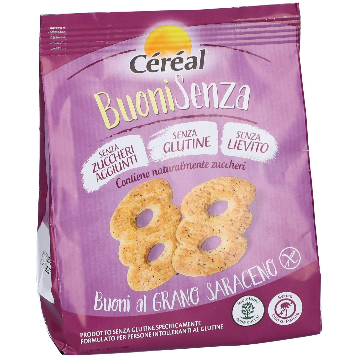 Confezione di Céréal BuoniSenza. Scritta: Buoni al Grano Saraceno, senza zuccheri aggiunti, senza glutine, senza lievito. Due biscotti visibili.