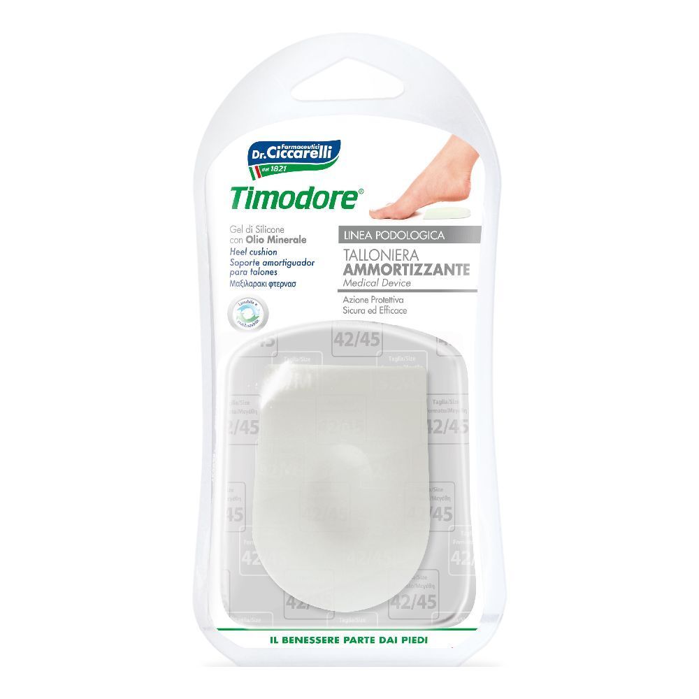 Transparente Fersenkissen in Blisterverpackung. Aufdrucke: Timodore, 42/45, Dr. Ciccarelli. Produktname und Logo.