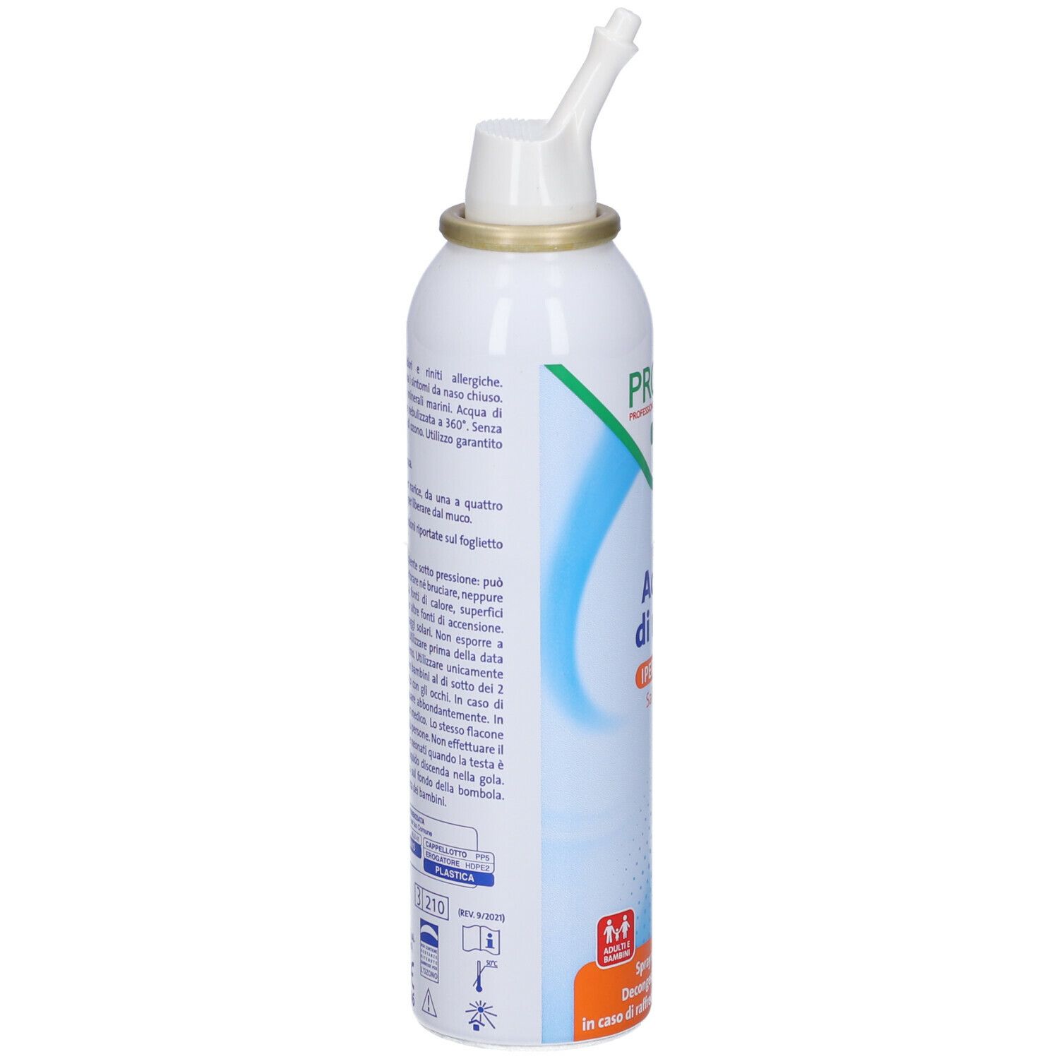 Flacone spray bianco con testo. PROFAR, Acqua di mare, Ipertonica 3%. Con erogatore. Dettaglio.