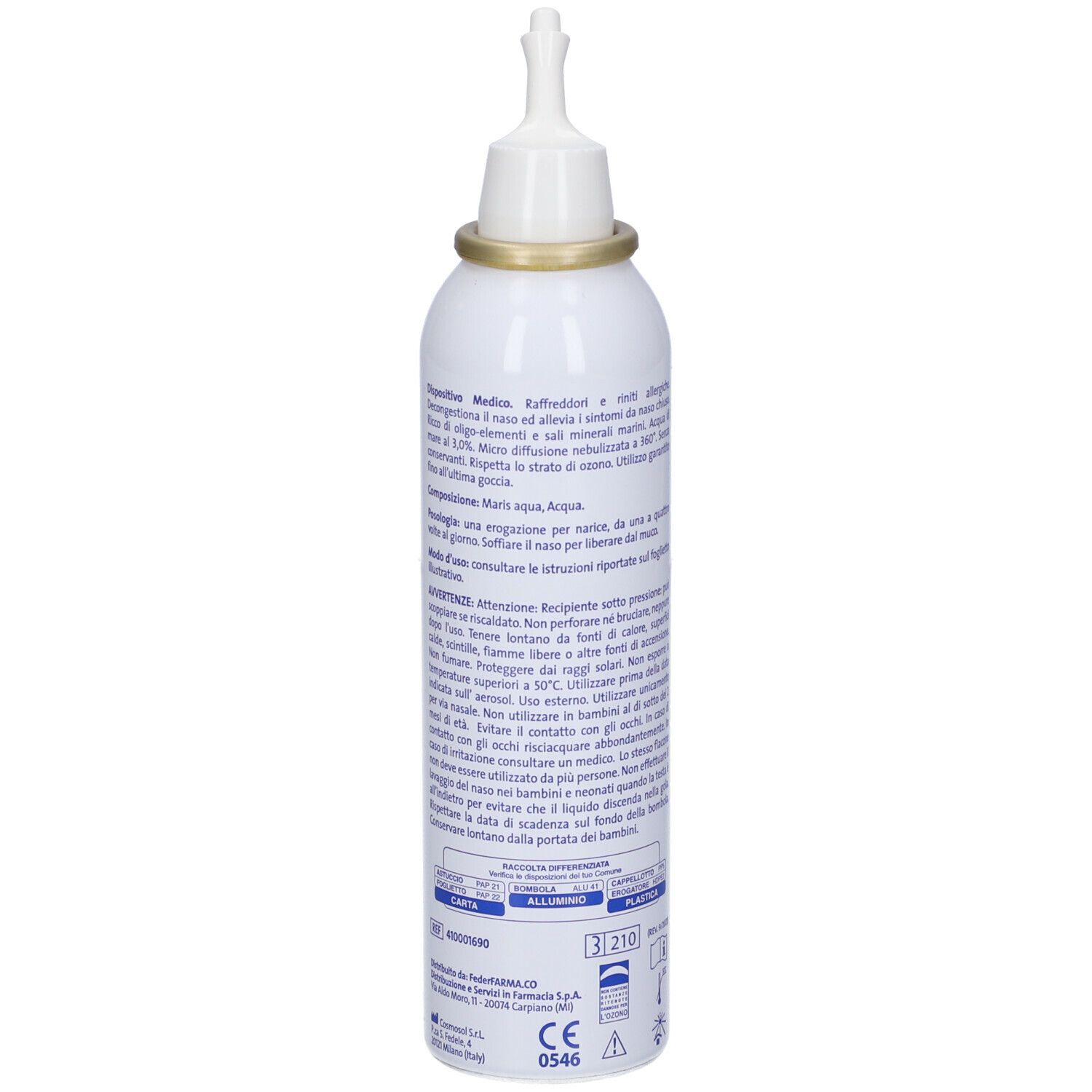 Flacone spray bianco con testo. PROFAR, Acqua di mare, Ipertonica 3%. Con erogatore. Dettaglio.
