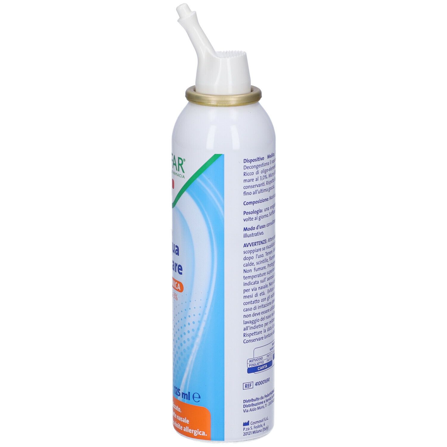 Flacone spray bianco con testo. PROFAR, Acqua di mare, Ipertonica 3%. Con erogatore. Dettaglio.
