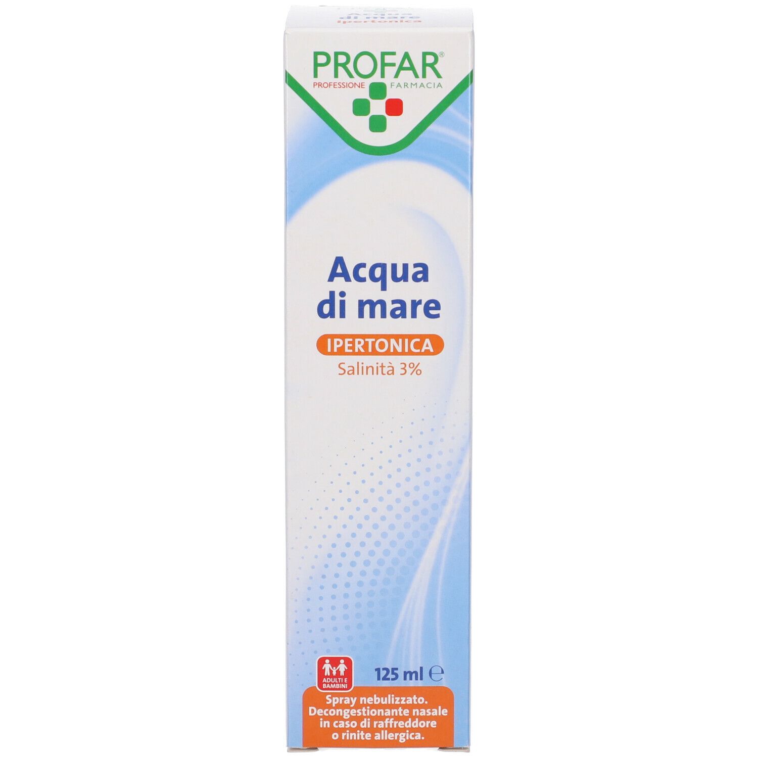 Confezione in cartone. PROFAR, Acqua di mare, Ipertonica 3%. 125 ml. Sfondo blu.