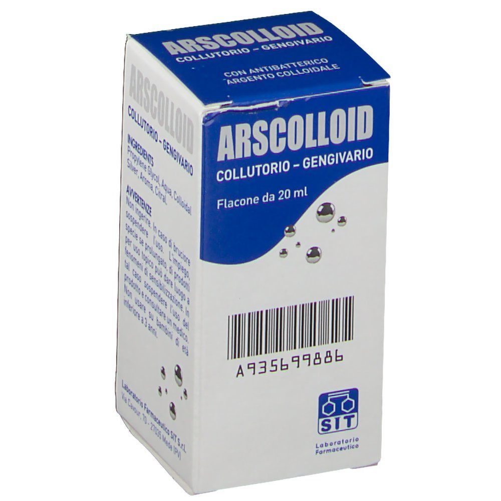 Confezione del prodotto con codice a barre e informazioni. Contiene argento colloidale. Confezione blu e bianca.