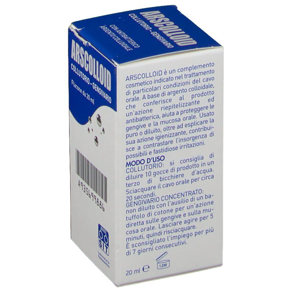 Confezione del prodotto con istruzioni per l'uso. Contiene argento colloidale. Confezione blu e bianca.