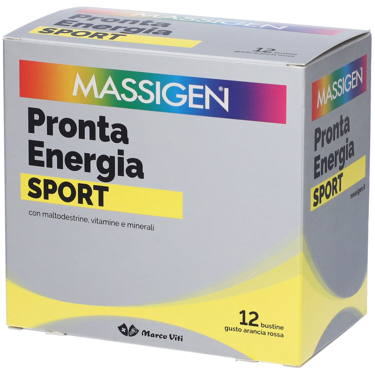 Boîte grise MASSIGEN Sport. Inscription: Pronta Energia SPORT. 12 sachets, goût orange sanguine.