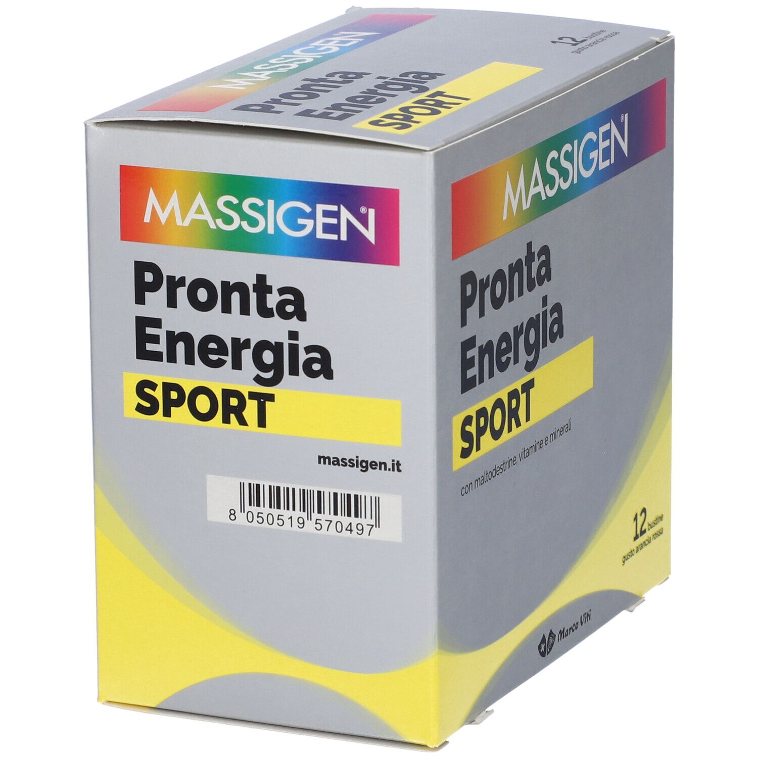 Boîte grise MASSIGEN Sport. Inscription: Pronta Energia SPORT. Code-barres et 12 sachets, goût orange sanguine.