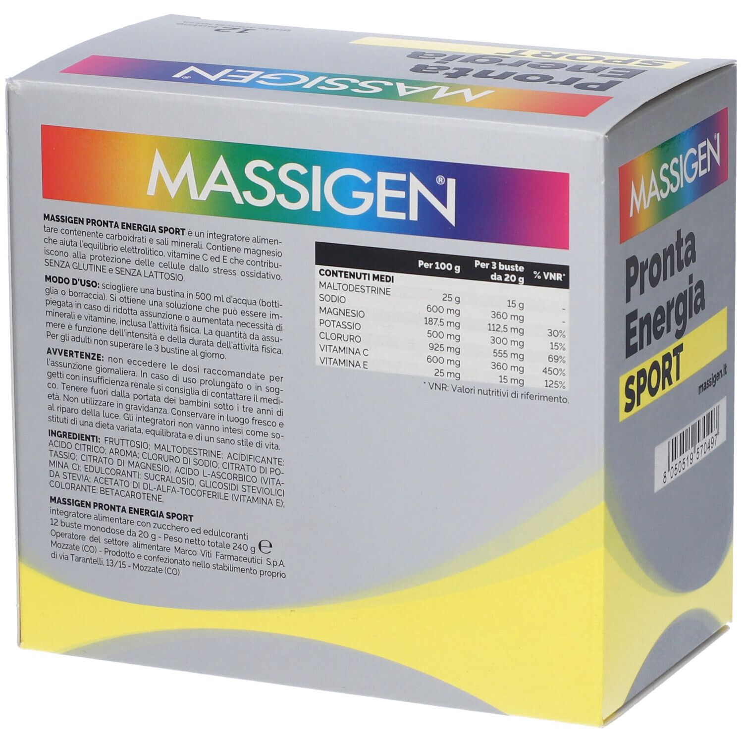 Boîte grise MASSIGEN Sport. Inscription: Pronta Energia SPORT. Dos avec informations nutritionnelles et tableau.