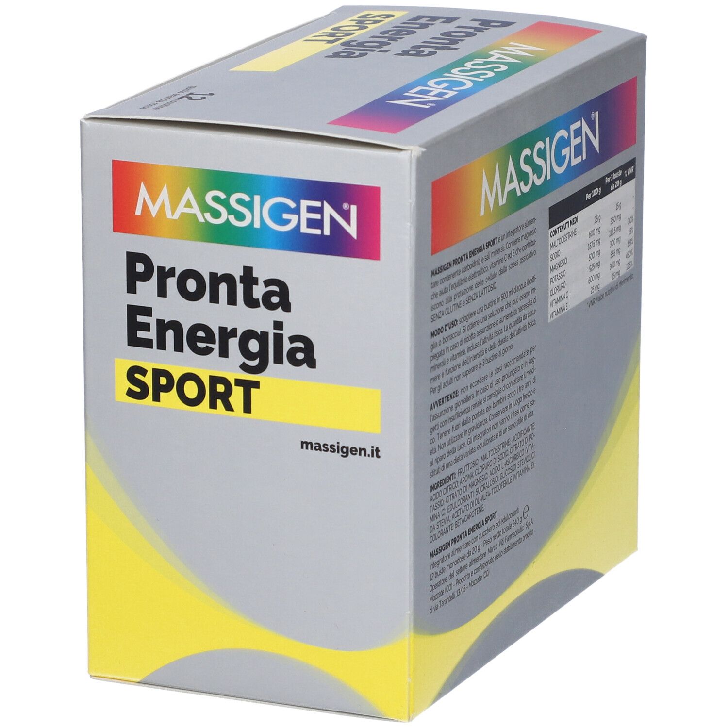 Boîte grise MASSIGEN Sport. Inscription: Pronta Energia SPORT. Dos avec informations nutritionnelles et tableau.