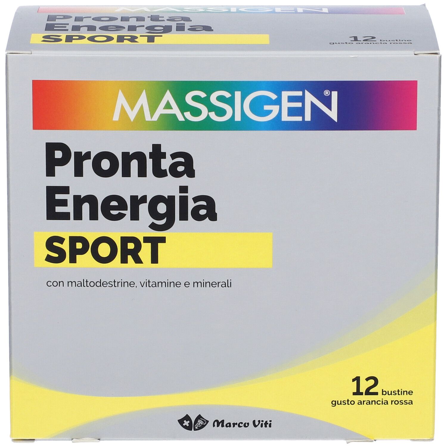 Boîte grise MASSIGEN Sport. Inscription: Pronta Energia SPORT. 12 sachets, goût orange sanguine.