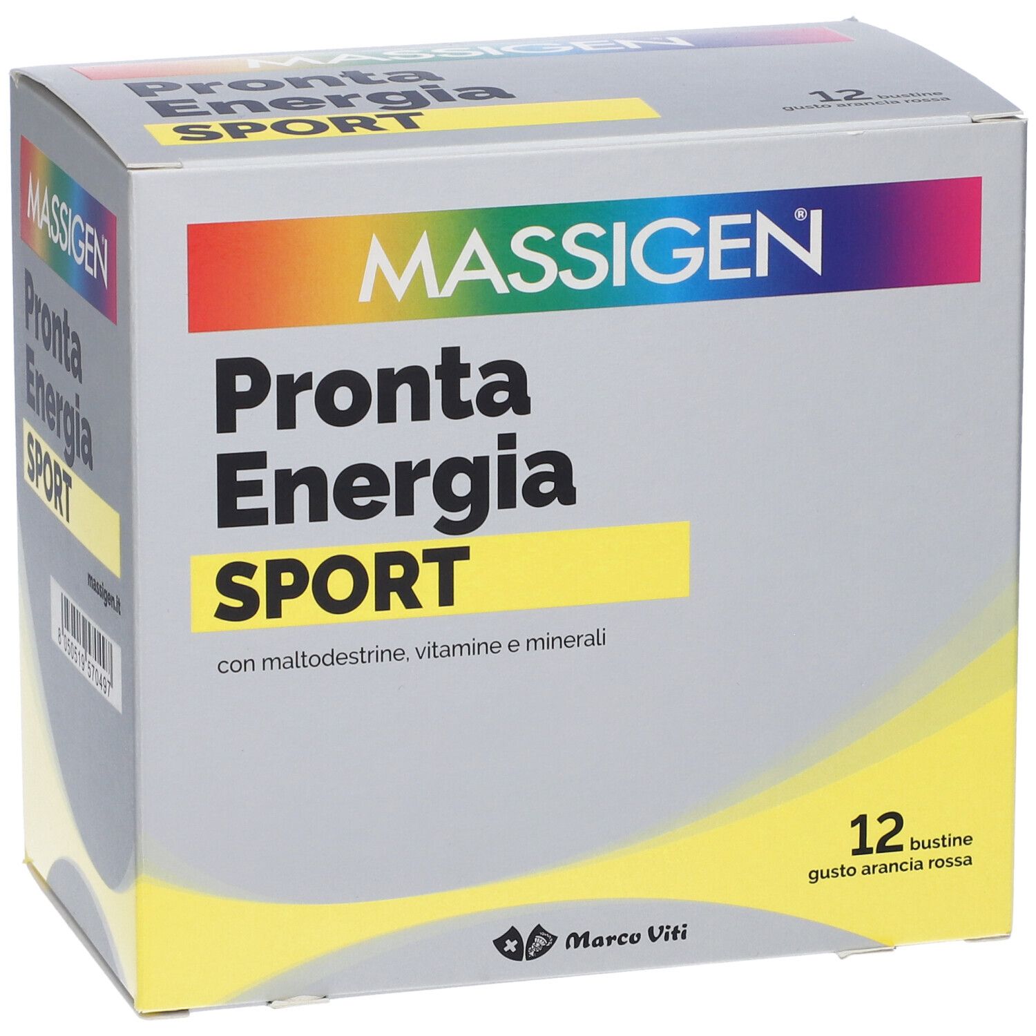 Boîte grise MASSIGEN Sport. Inscription: Pronta Energia SPORT. 12 sachets, goût orange sanguine.