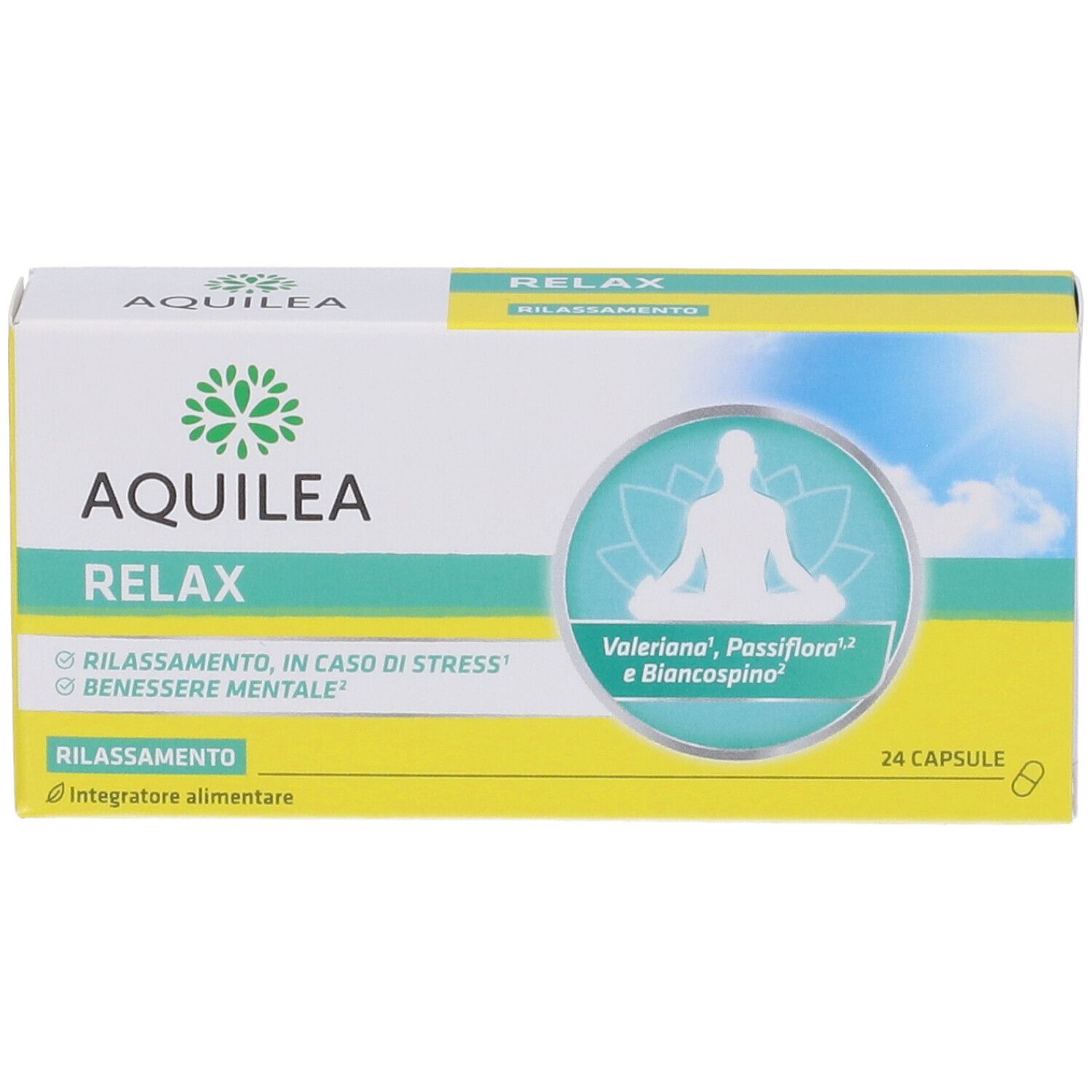 Confezione "AQUILEA Relax". Scritta: "Rilassamento, in caso di stress". Contiene 24 capsule.
