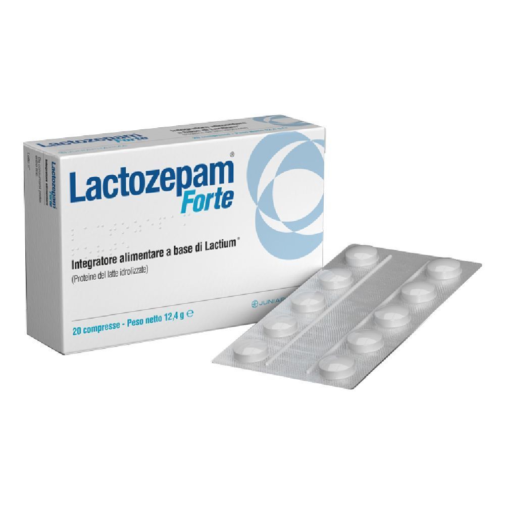 Scatola e blister di compresse. Scritta: Lactozepam Forte. 20 compresse.