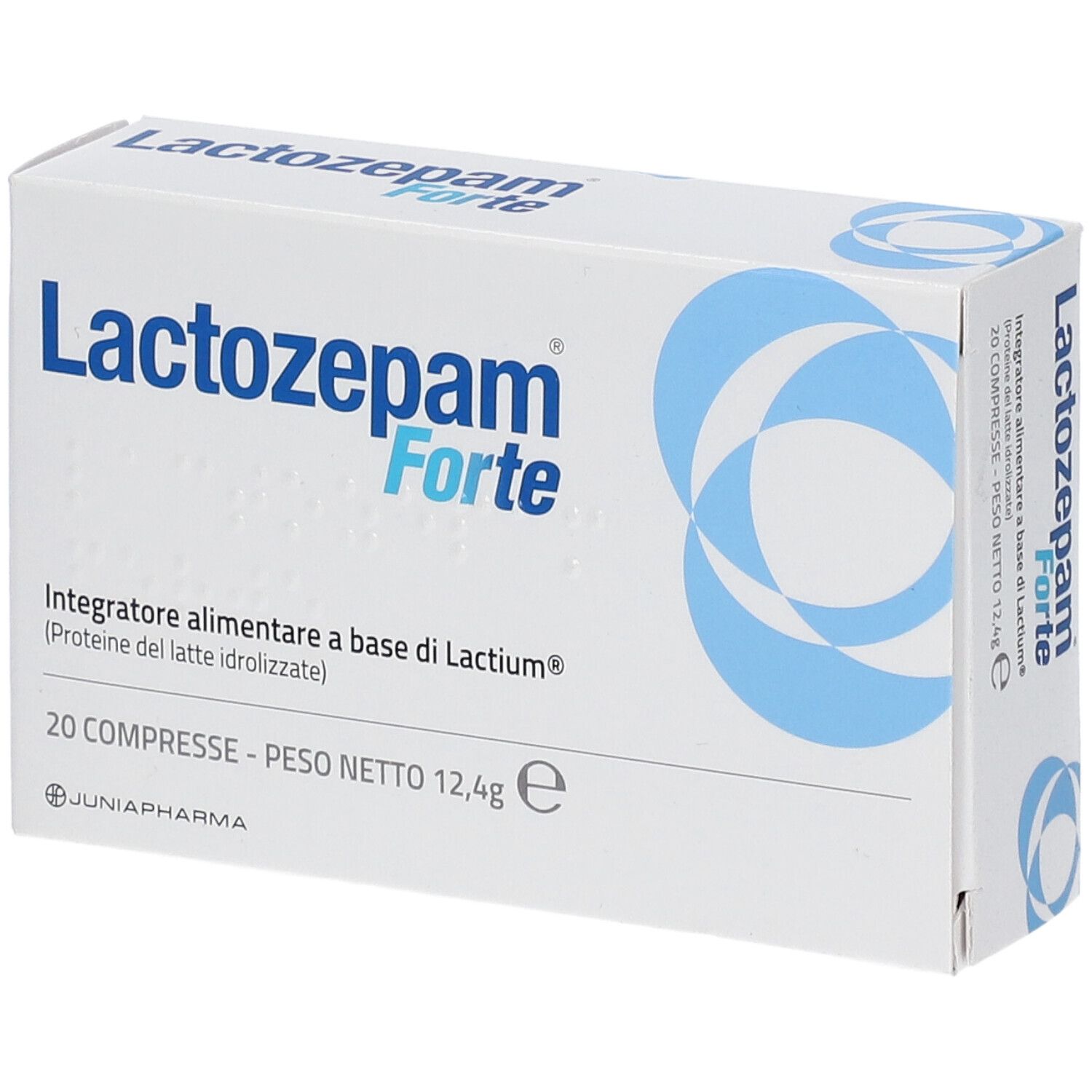 Scatola bianca con accenti blu. Scritta: Lactozepam Forte. 20 compresse. Junia Pharma.