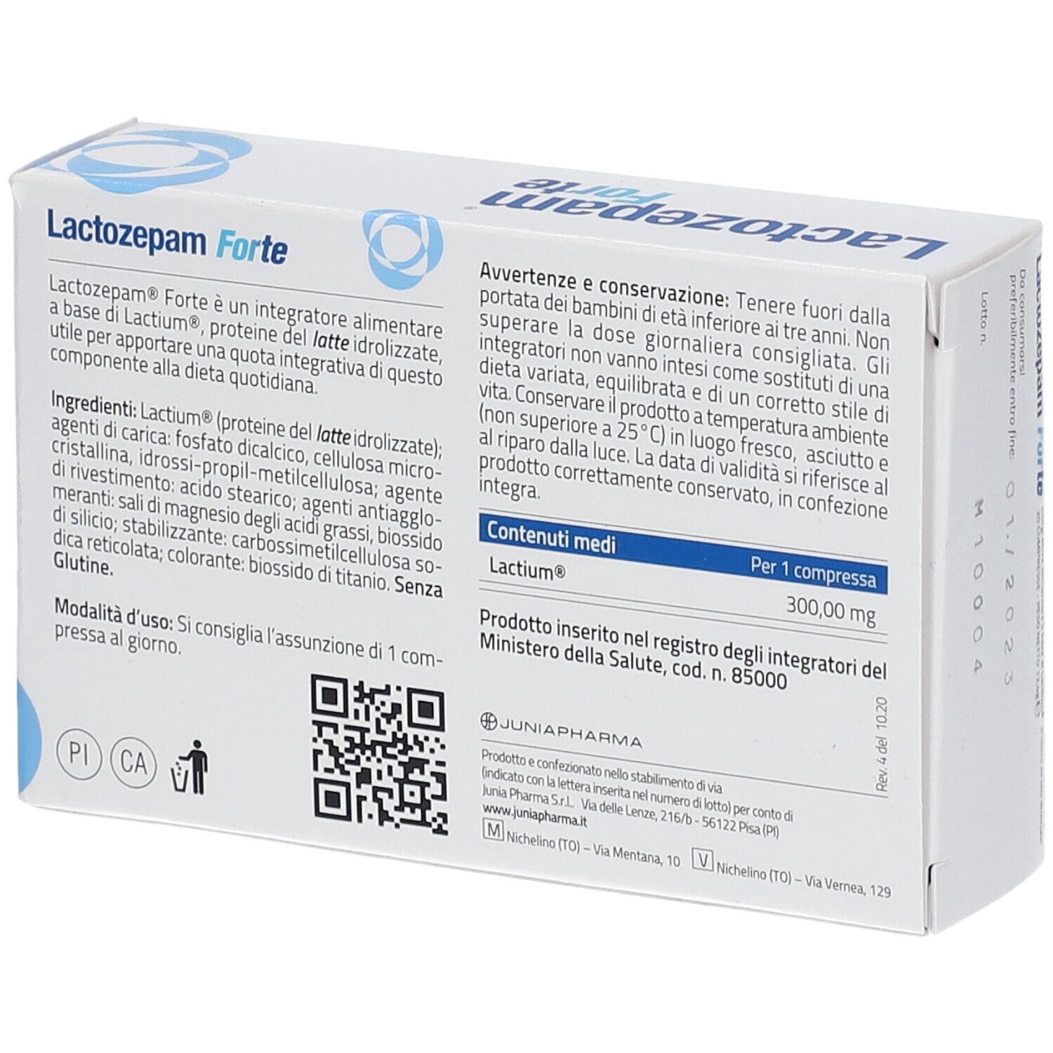 Retro della scatola. Testo: Lactozepam Forte. Ingredienti, istruzioni per l'uso, informazioni sul produttore.