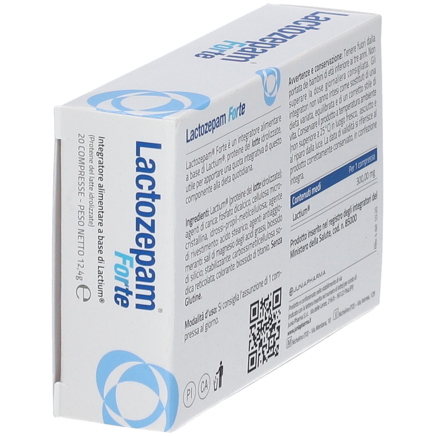 Scatola, vista obliqua dall'alto. Scritta: Lactozepam Forte. 20 compresse. Informazioni sul produttore.