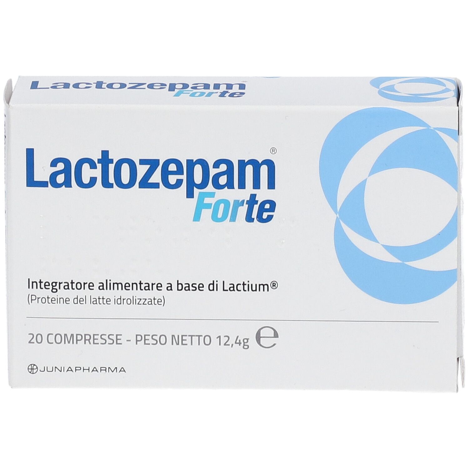 Scatola bianca con cerchi blu. Scritta: Lactozepam Forte. 20 compresse. Junia Pharma.
