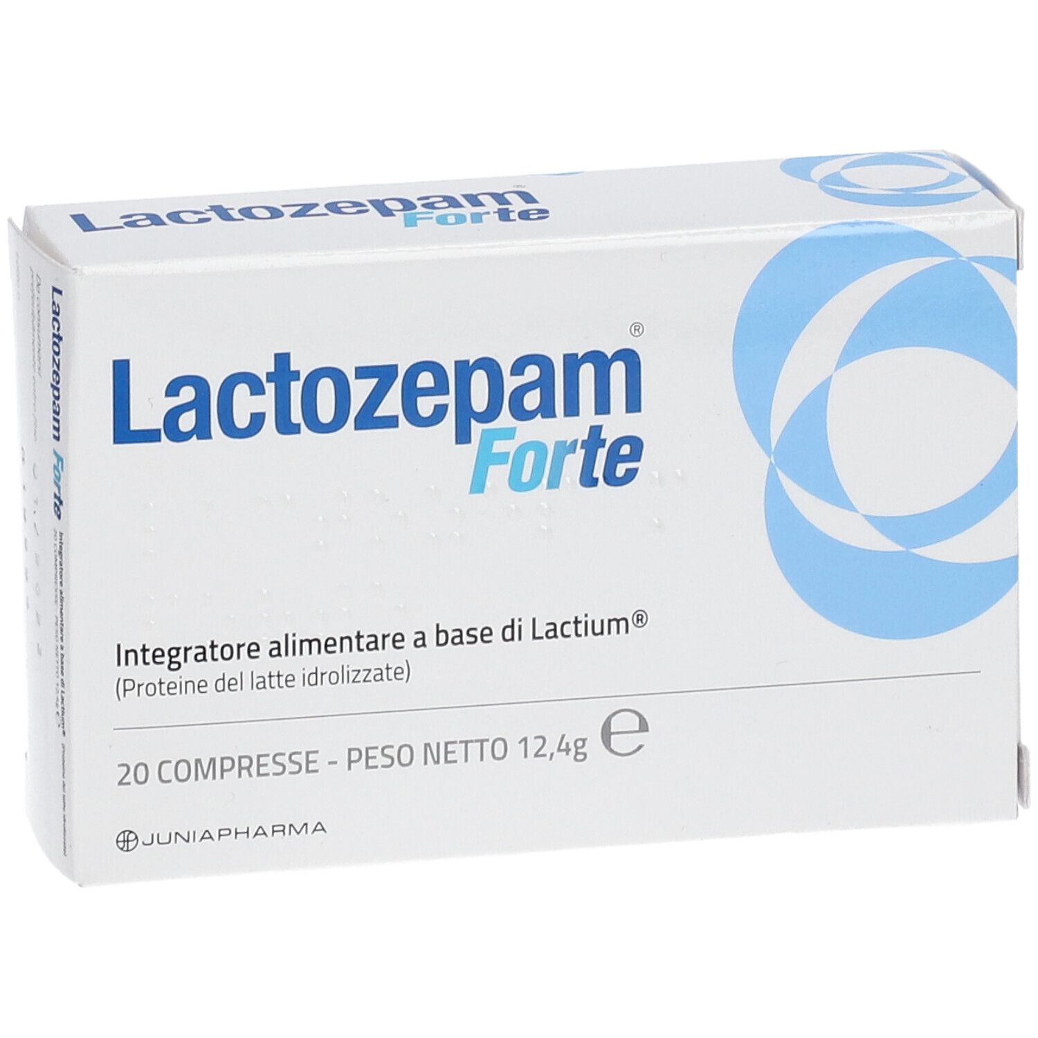 Scatola bianca con cerchi blu. Scritta: Lactozepam Forte. 20 compresse. Junia Pharma.
