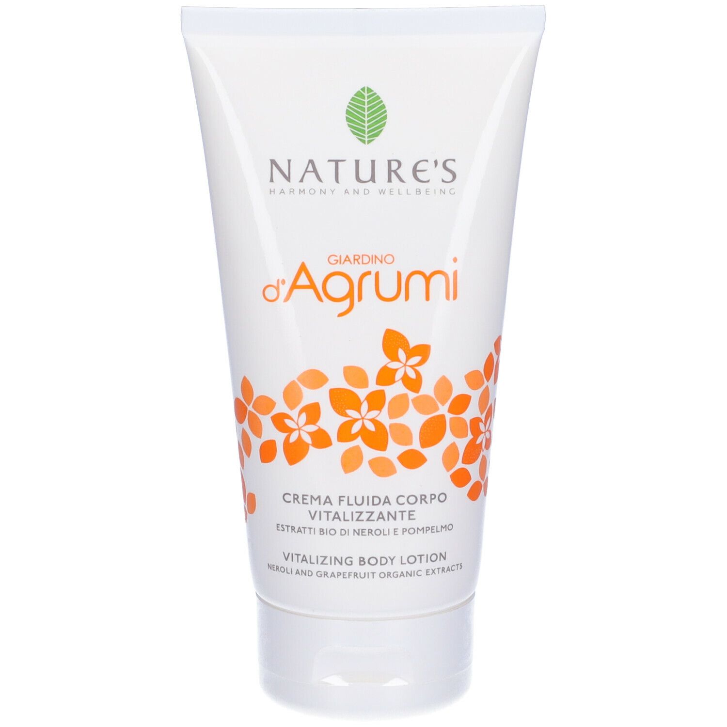 Tubo bianco con stampa. Motivi floreali arancioni. Testo: NATURE'S, Giardino d'Agrumi, Crema Fluida Corpo Vitalizzante.