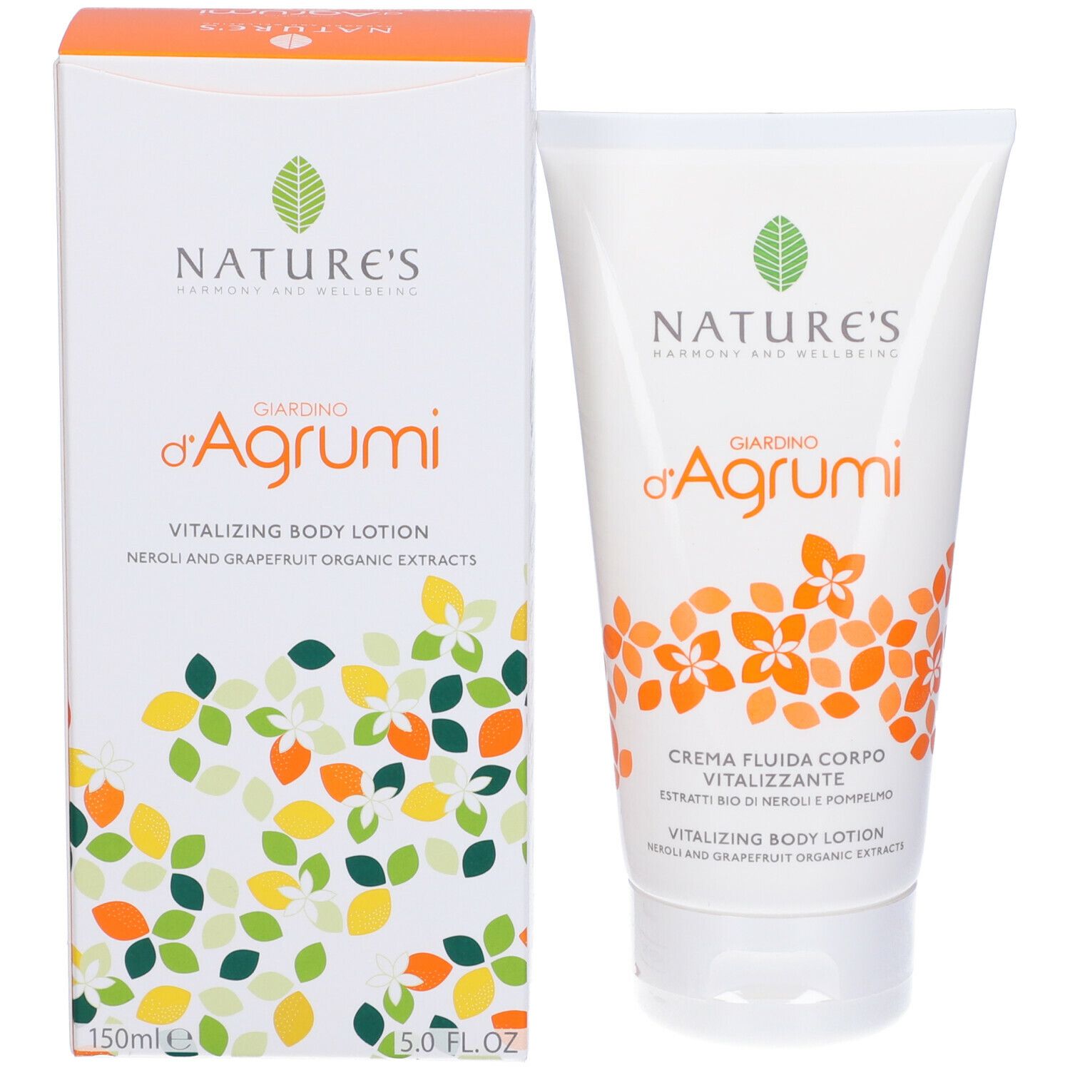 Prodotto e confezione. Tubo bianco e scatola. Testo: NATURE'S, Giardino d'Agrumi, Vitalizing Body Lotion.