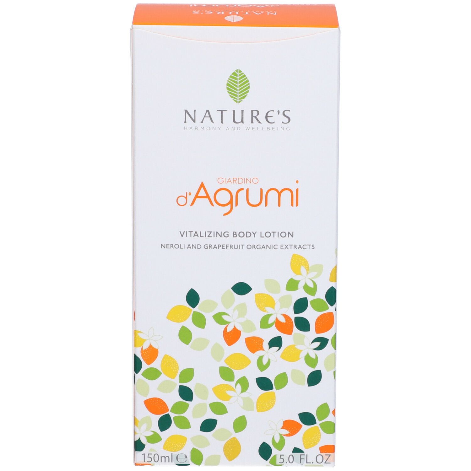 Confezione in cartone. Testo: NATURE'S, Giardino d'Agrumi, Vitalizing Body Lotion. Motivi floreali.