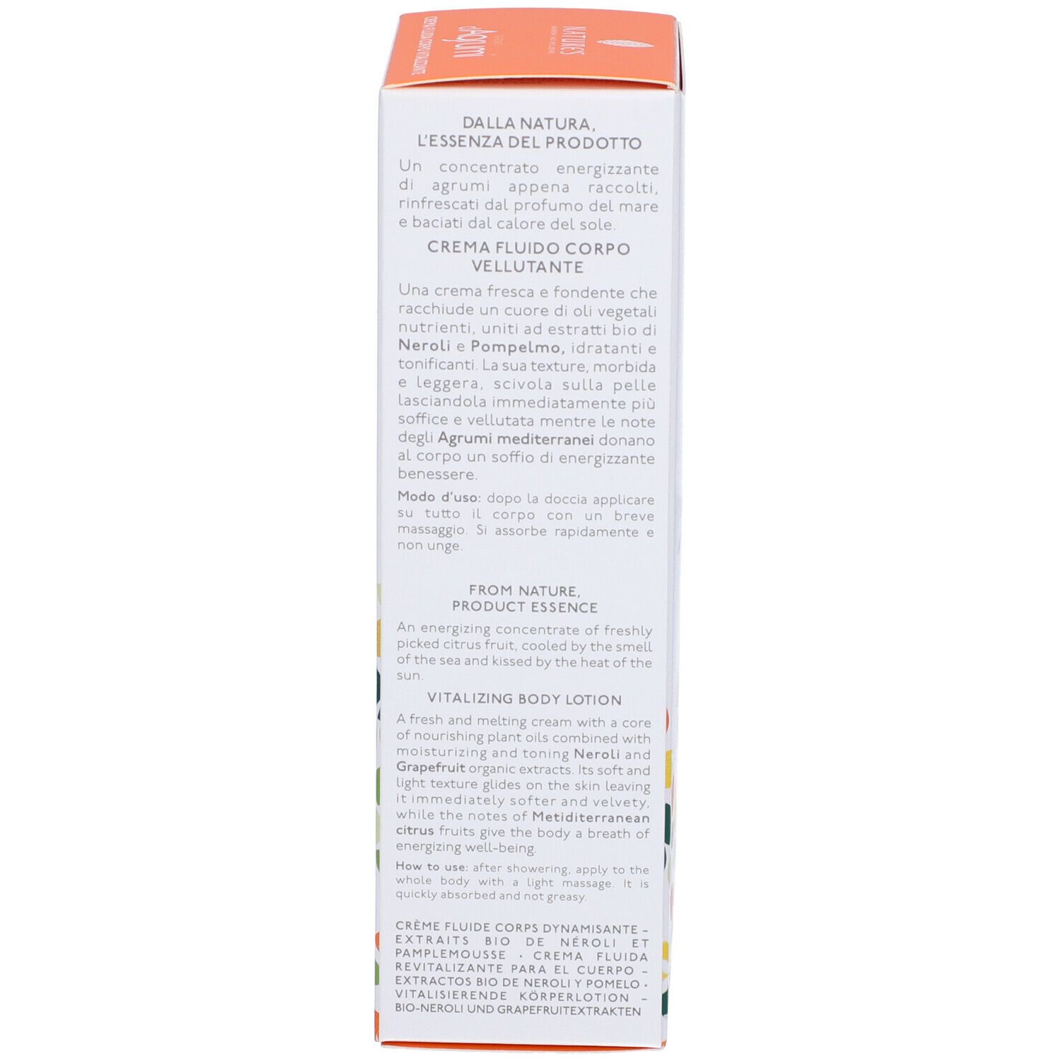 Lato scatola. Testo: Crema Fluida Corpo Vellutante. Ingredienti, uso. Certificazioni.