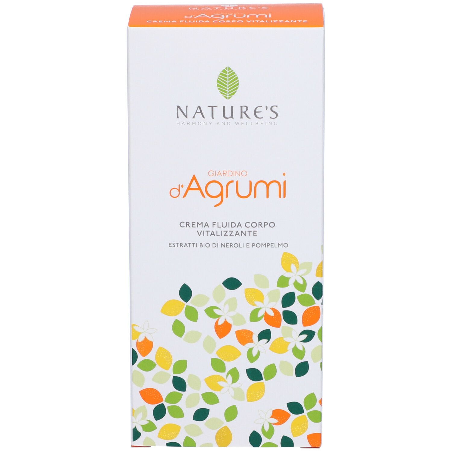 Confezione in cartone. Testo: NATURE'S, Giardino d'Agrumi, Crema Fluida Corpo Vitalizzante. Motivi floreali.
