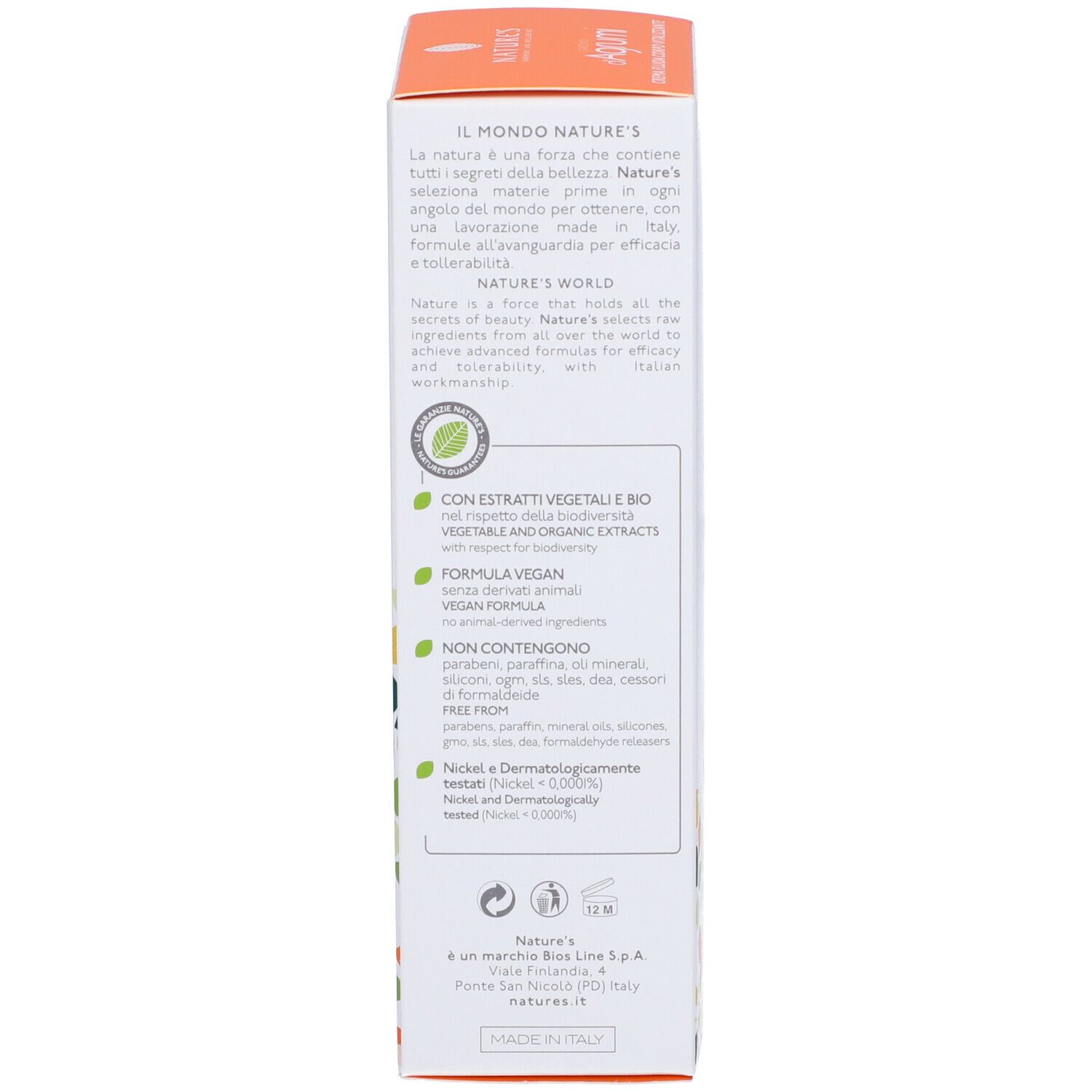 Lato scatola. Testo: NATURE'S WORLD, ingredienti, certificazioni. Vegano, Nickel testato.