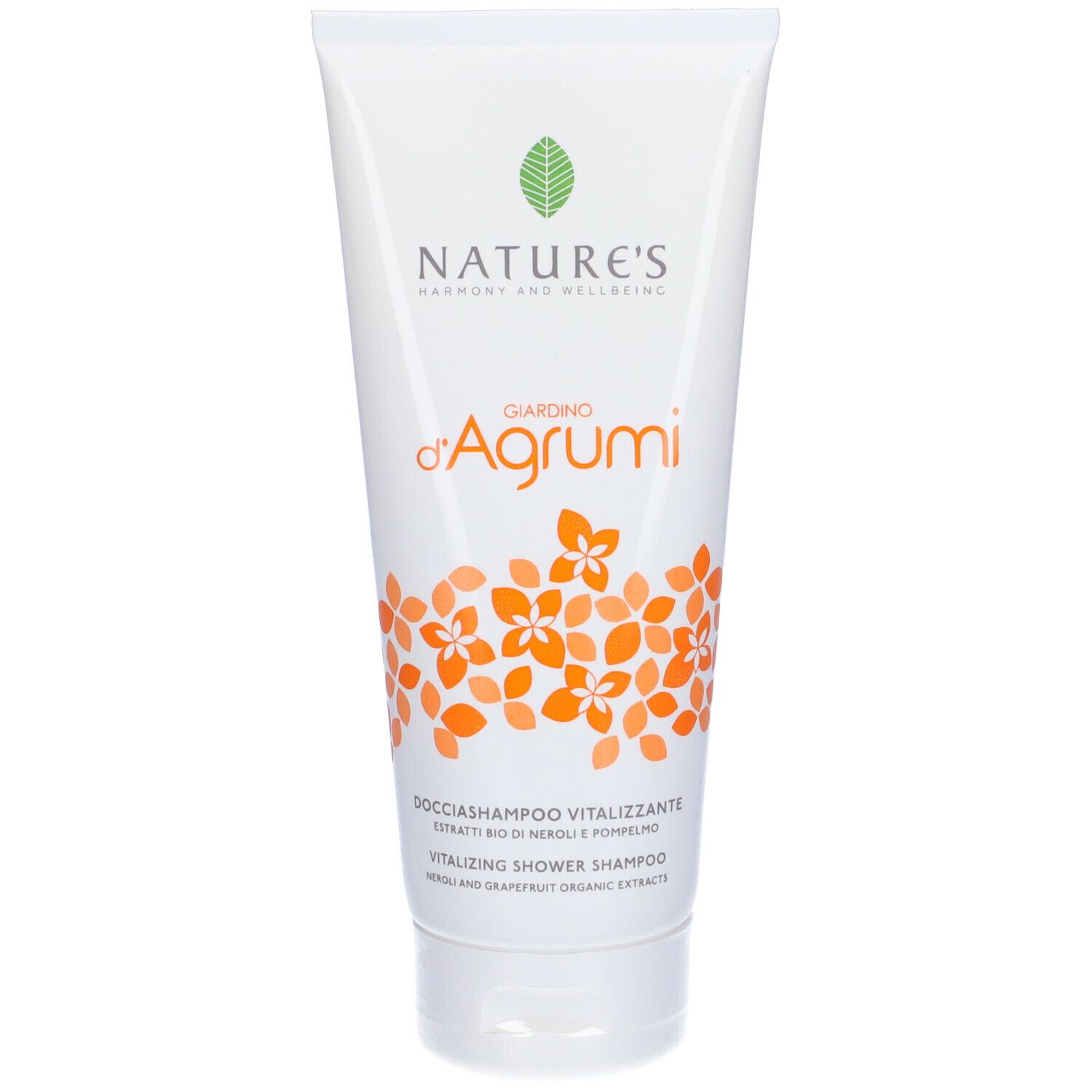 Tubo bianco con fiori arancioni. Testo: NATURE'S, Giardino d'Agrumi, Docciashampoo Vitalizzante. Vitalizing Shower Shampoo.