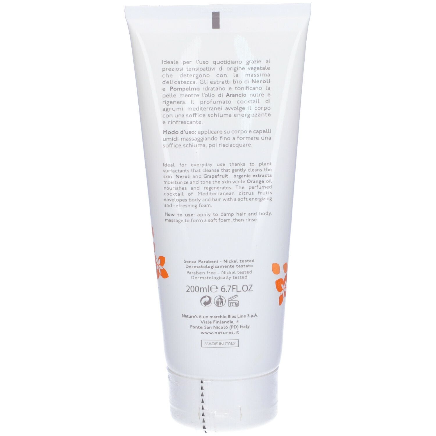 Retro del tubo. Testo: Ingredienti, utilizzo, 200ml, 6.7FL.OZ. Senza parabeni. Dermatologicamente testato. Made in Italy.
