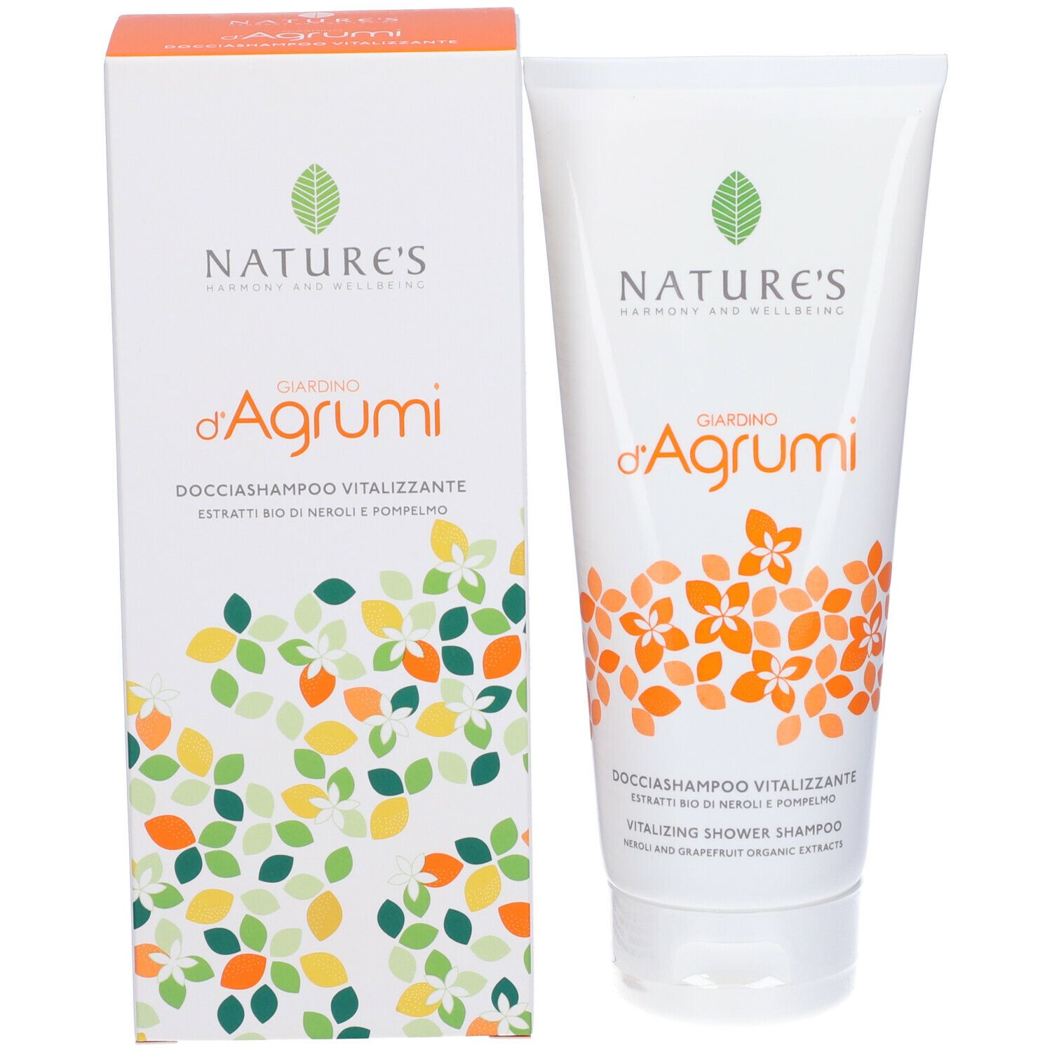 Confezione e tubo. Confezione: NATURE'S, Giardino d'Agrumi. Tubo: NATURE'S, Giardino d'Agrumi, Docciashampoo Vitalizzante.